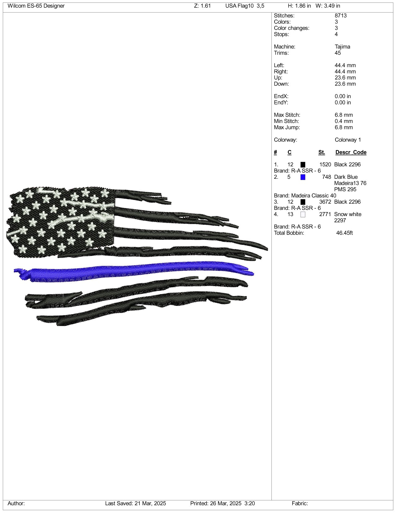 Black United States USA Flag v3 Embroidery Design Files - 3 Size's