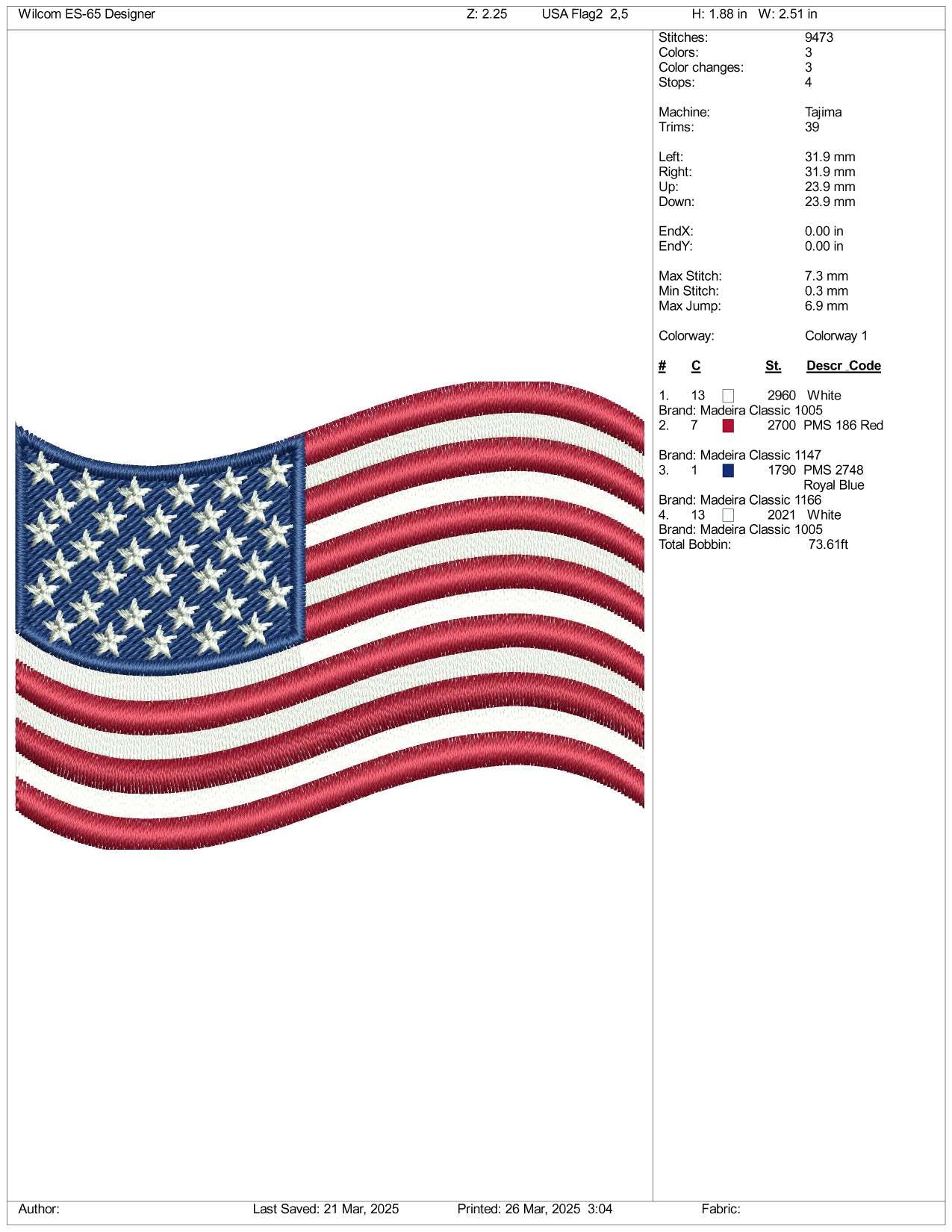 United States USA Flag v2 Embroidery Design Files - 3 Size's