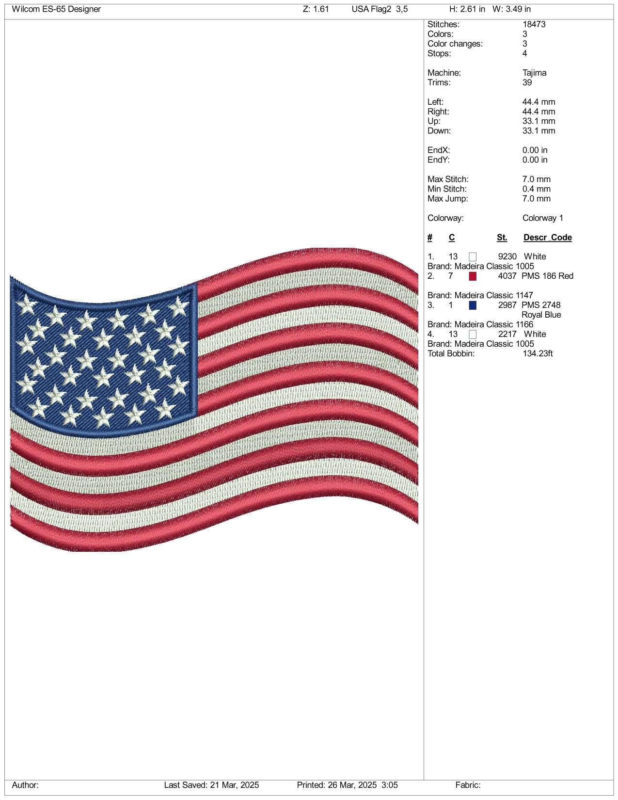 United States USA Flag v2 Embroidery Design Files - 3 Size's