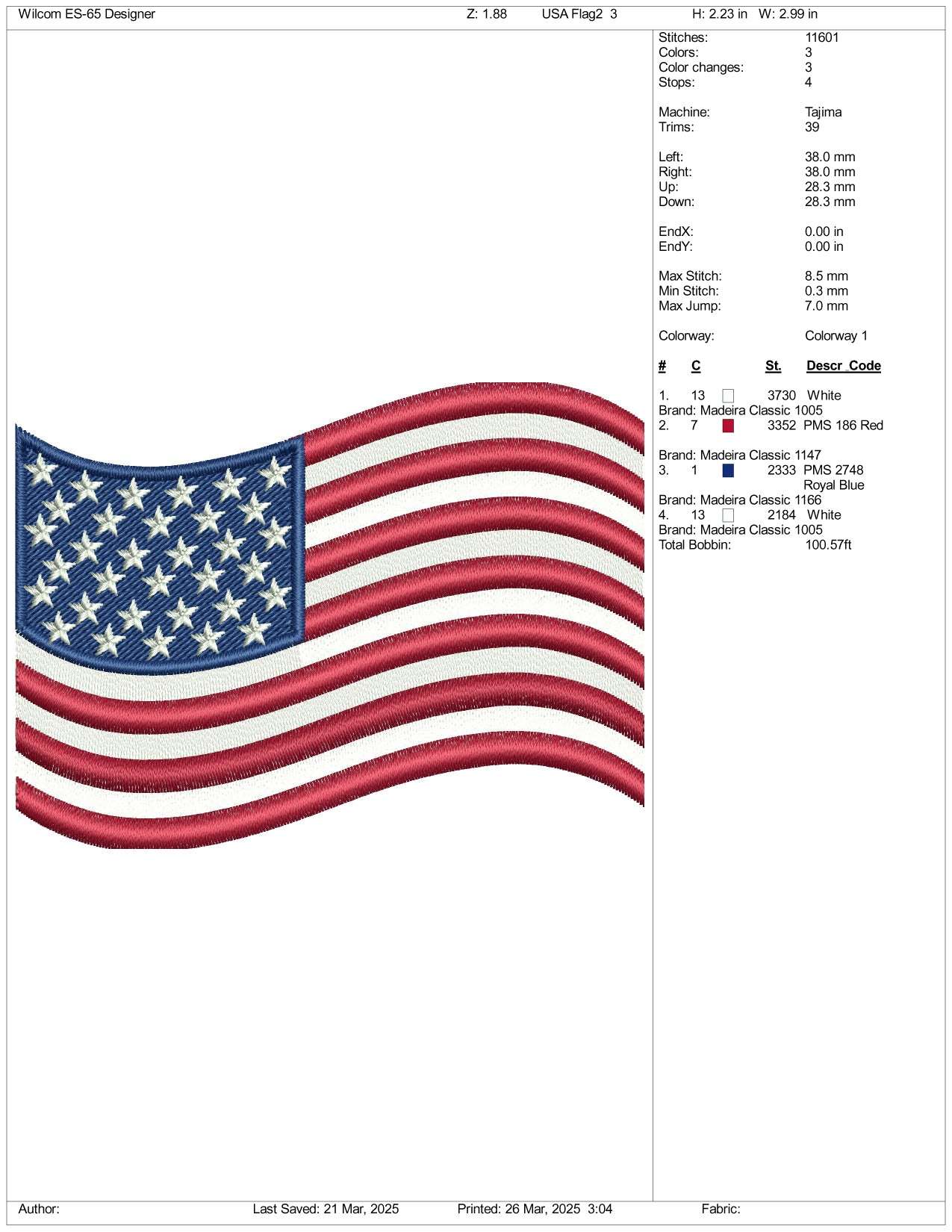 United States USA Flag v2 Embroidery Design Files - 3 Size's