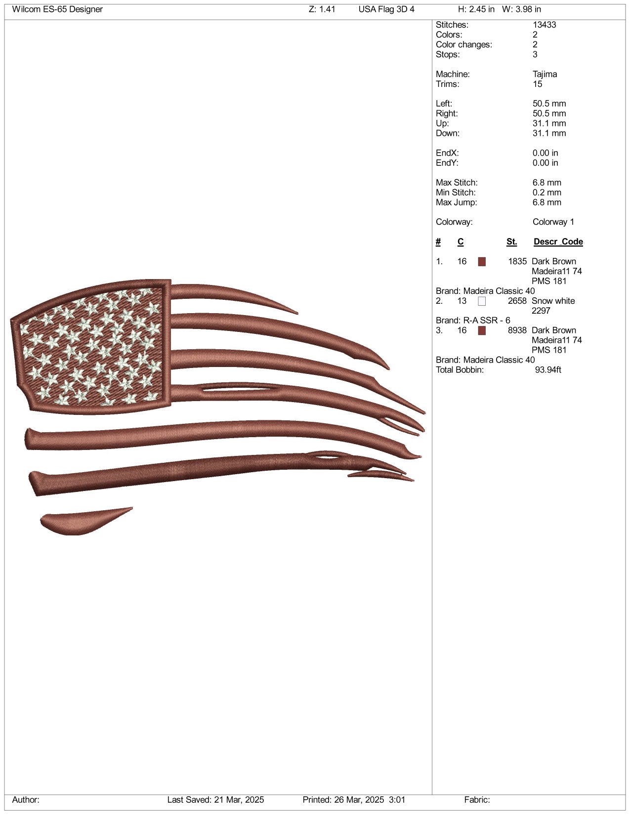 Brown USA Flag Embroidery Design Files - 3 Size's