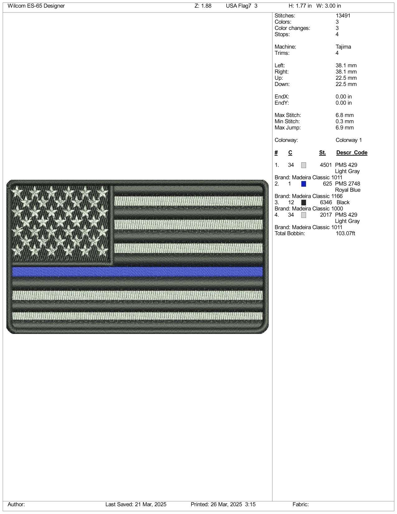 Black United States USA Flag v2 Embroidery Design Files - 3 Size's