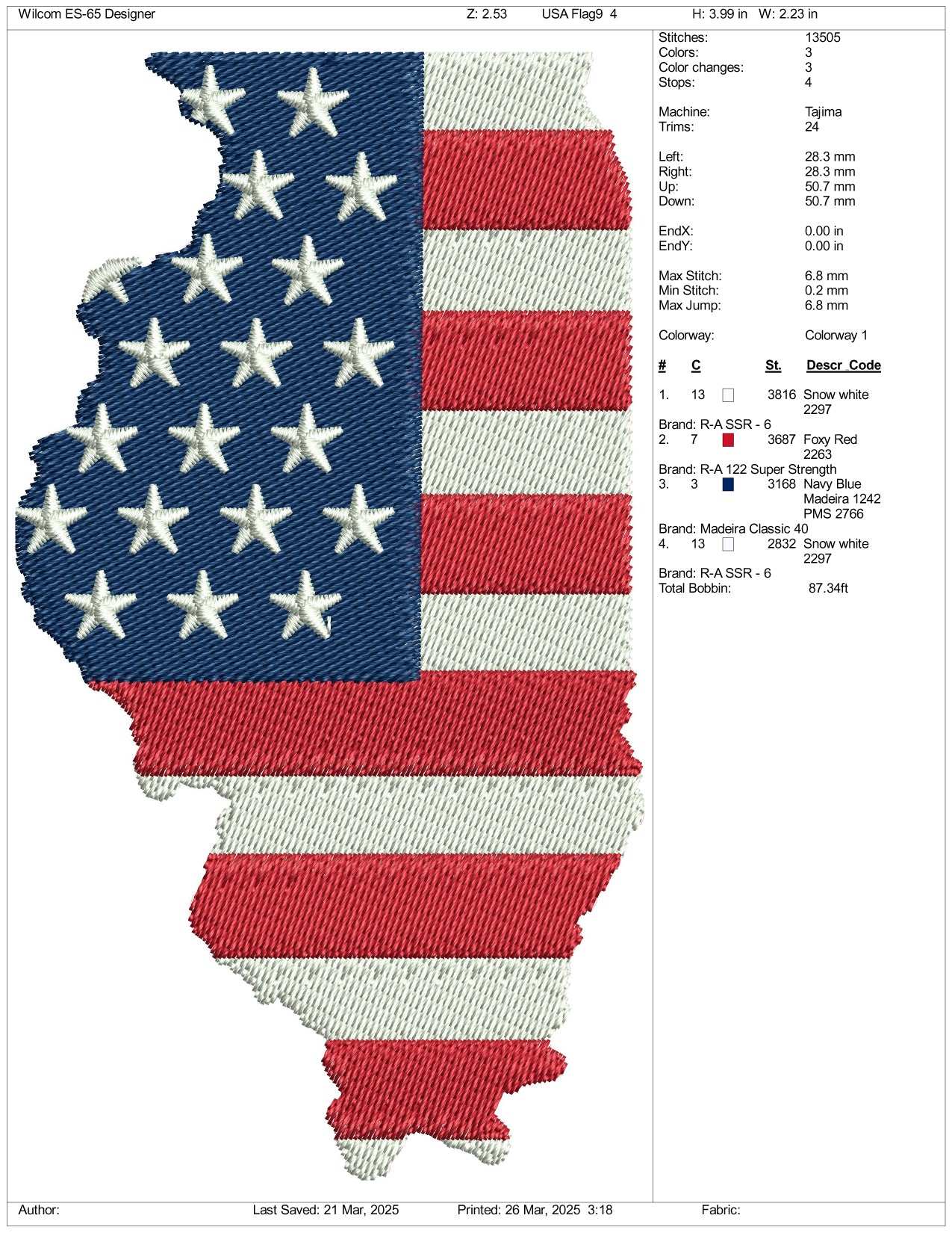 USA Flag Illinois Map Embroidery Design Files - 3 Size's