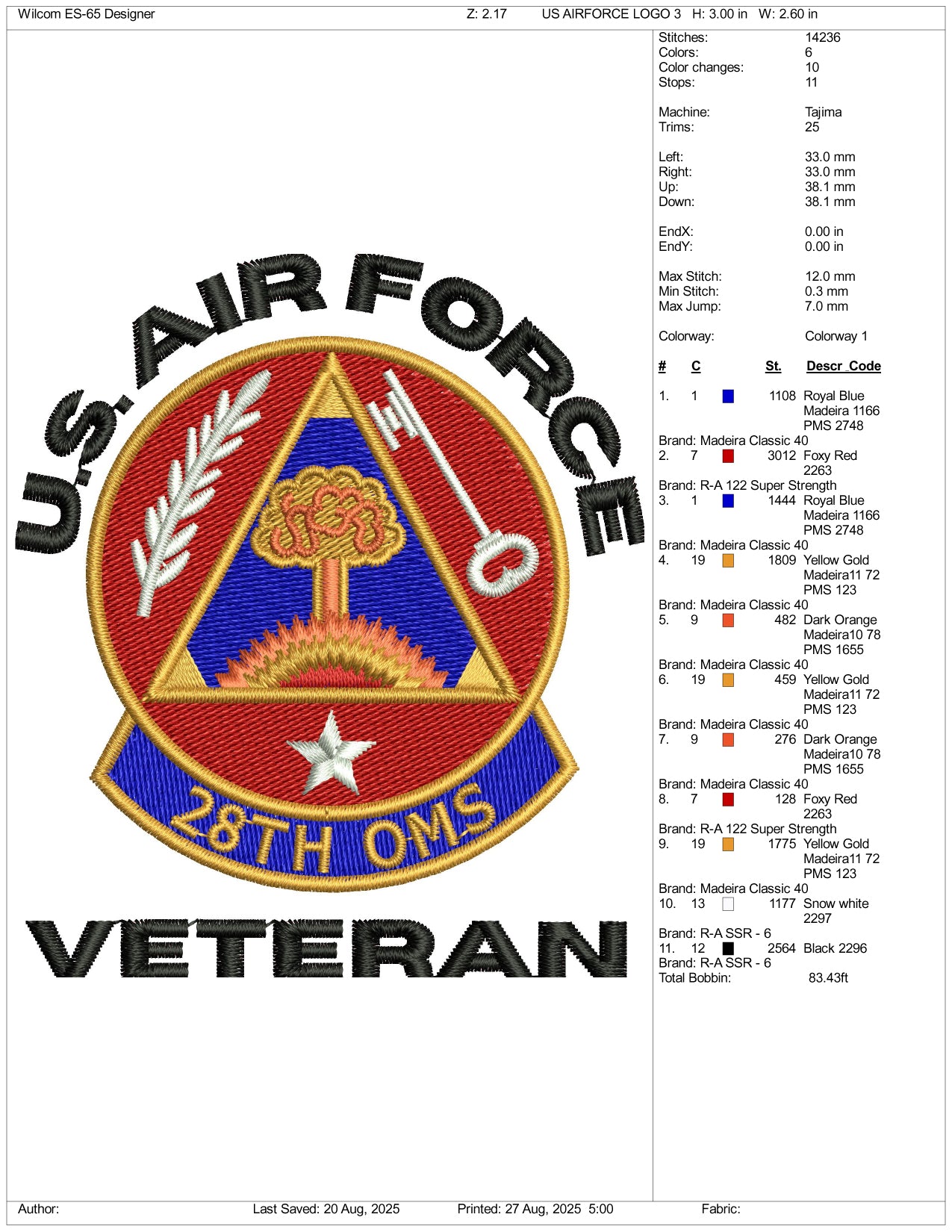 US Air Force Veteran Embroidery Design Files - 3 Size's