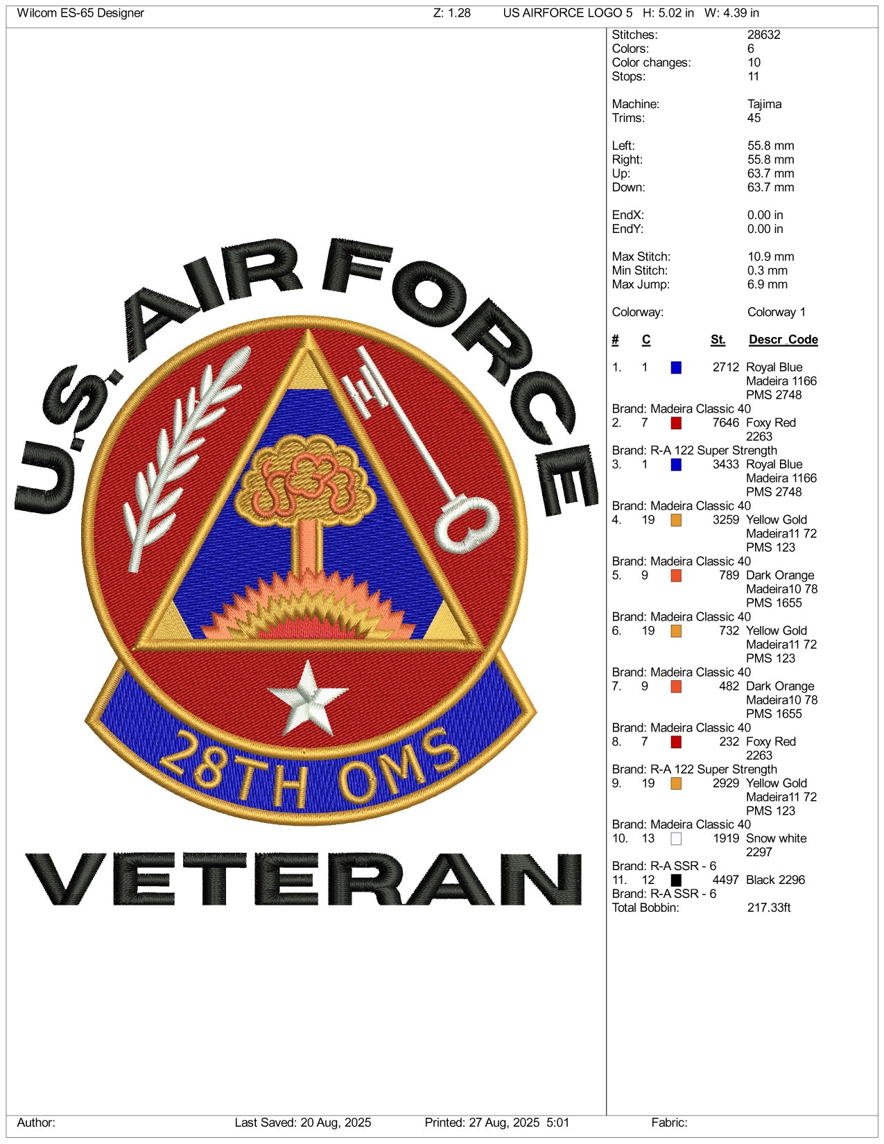US Air Force Veteran Embroidery Design Files - 3 Size's
