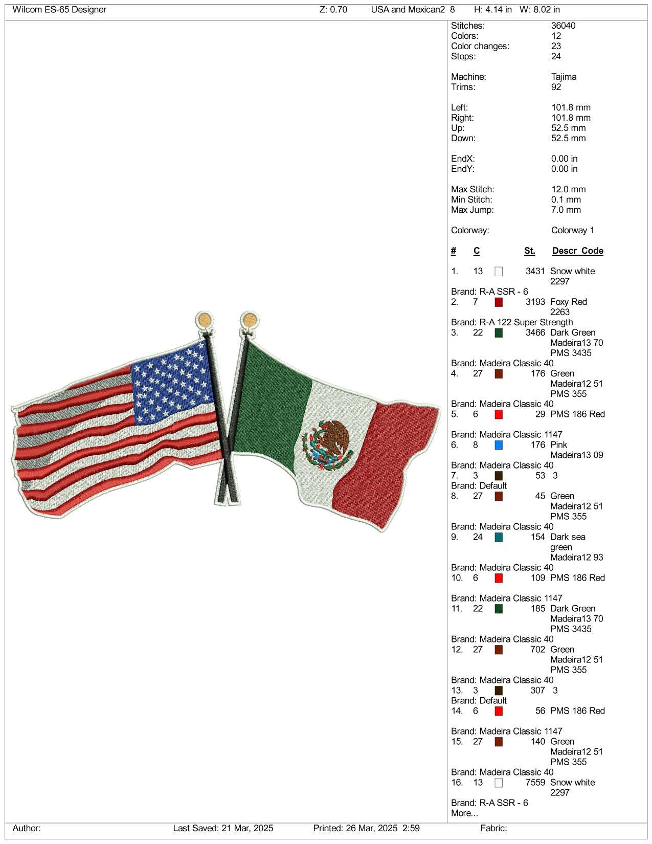Mexico & USA Flag v2 Embroidery Design Files - 3 Size's