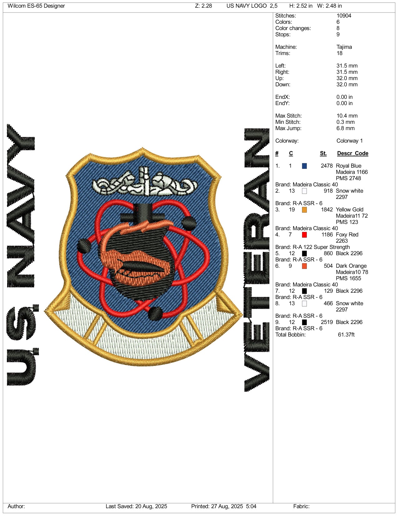 US Navy Veteran Embroidery Design Files - 3 Size's