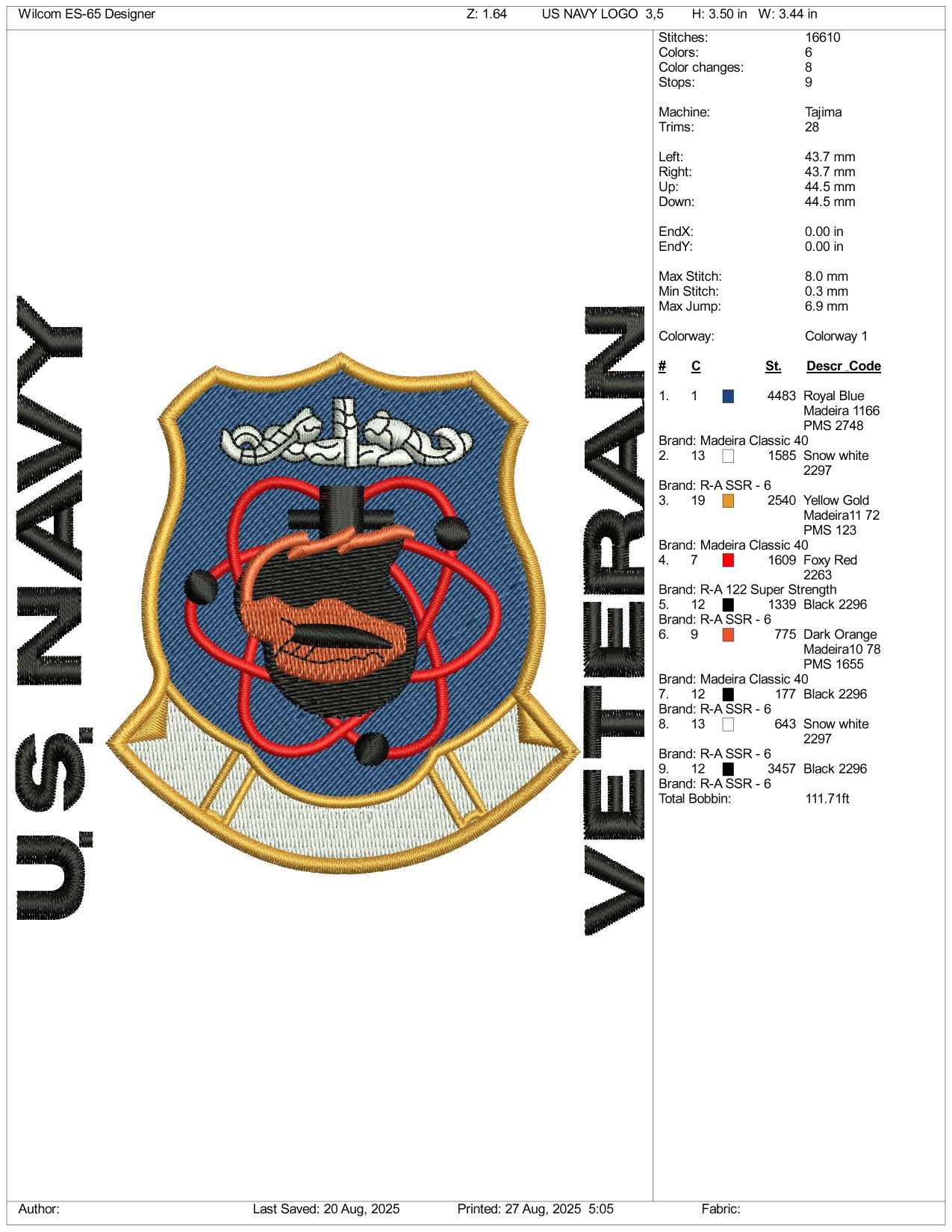 US Navy Veteran Embroidery Design Files - 3 Size's