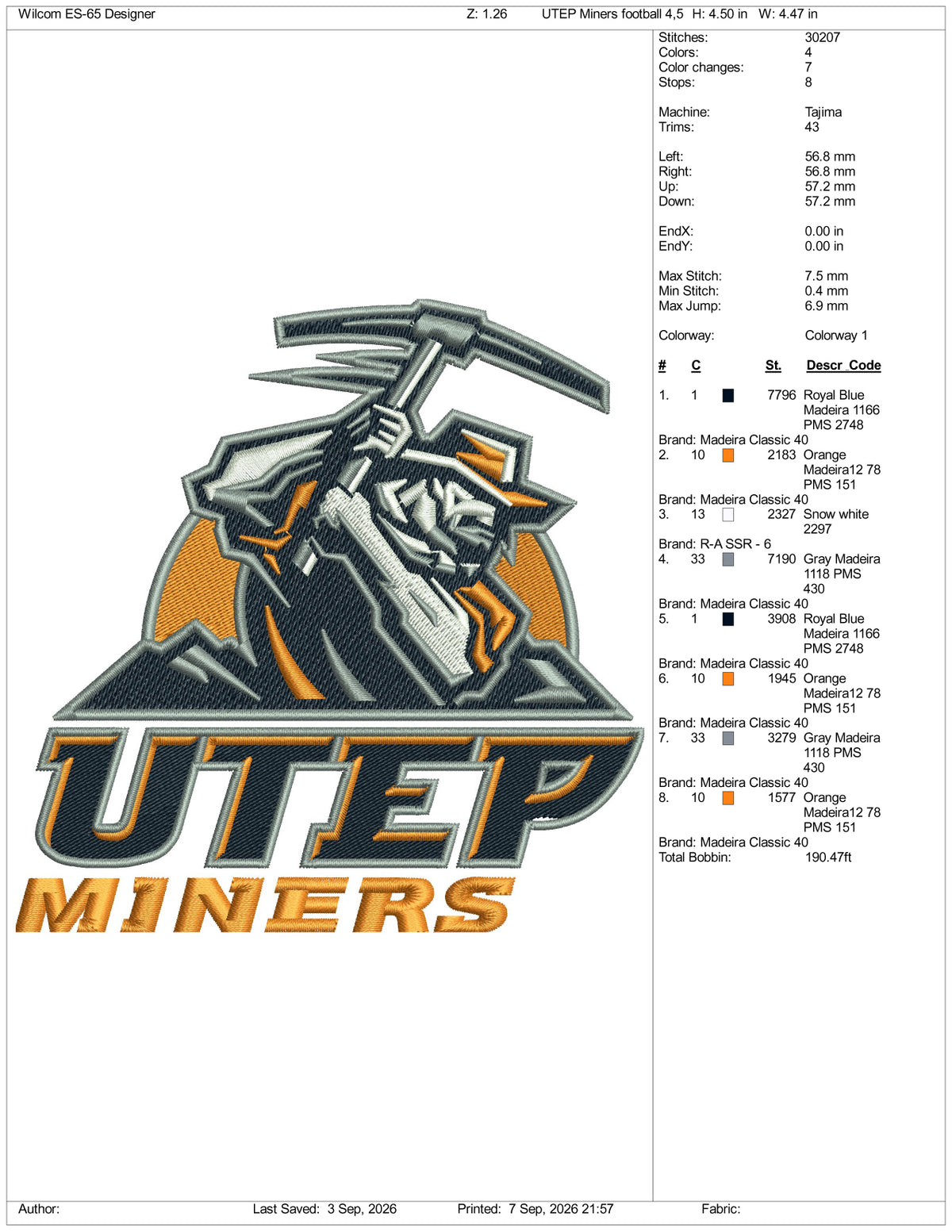 UTEP Miners football Logo Embroidery Design Files - 3 Size's