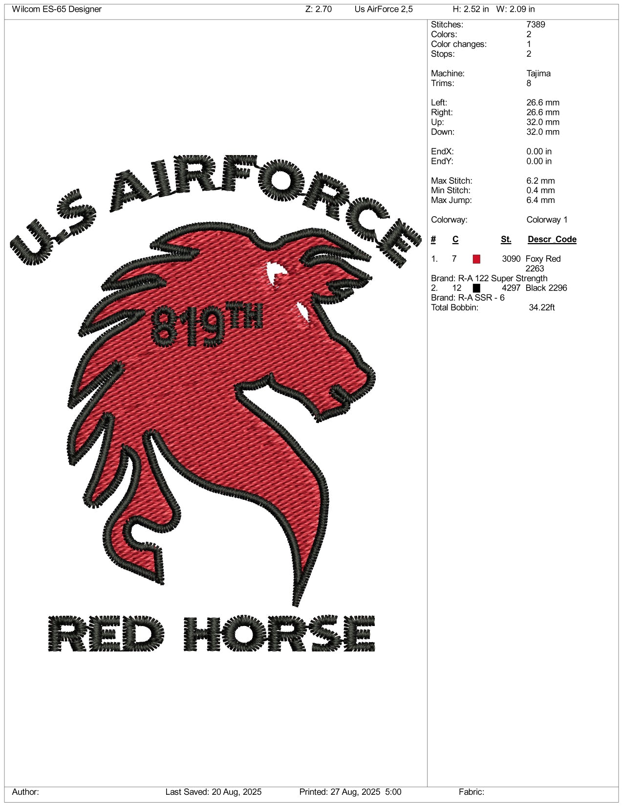 US Airforch Red Horse Embroidery Design Files - 3 Size's