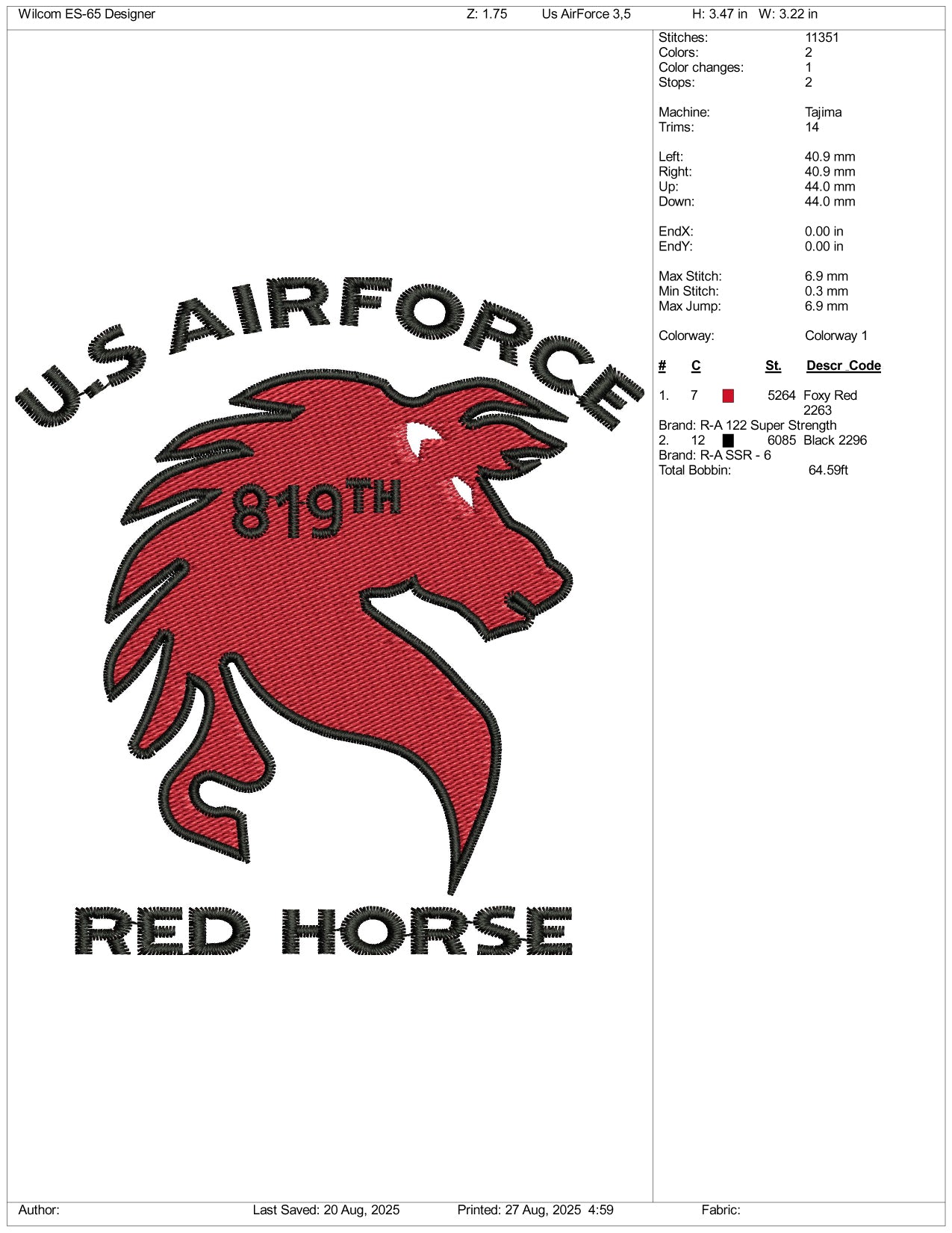 US Airforch Red Horse Embroidery Design Files - 3 Size's