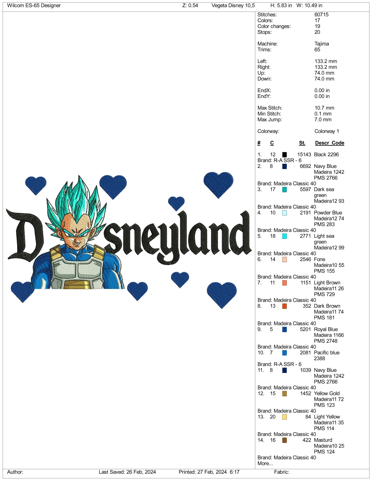 Archivos de diseño de bordado de Vegeta Disneyland - 3 tamaños
