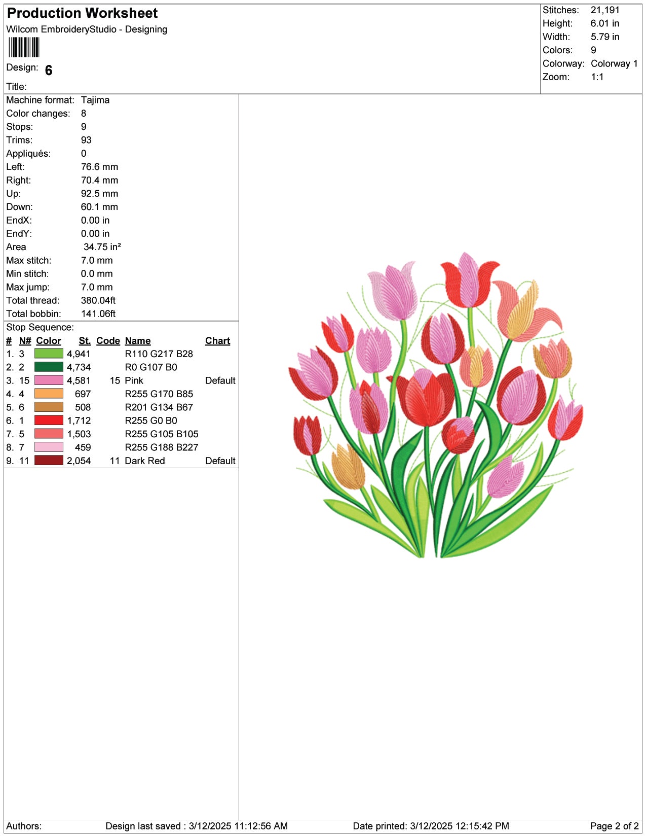 Vibrant Tulip Bouquet Embroidery Design Files - 9 Size's