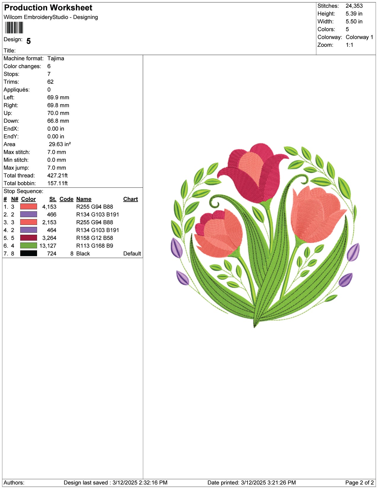 Vibrant Tulips Embroidery Design Files - 9 Size's