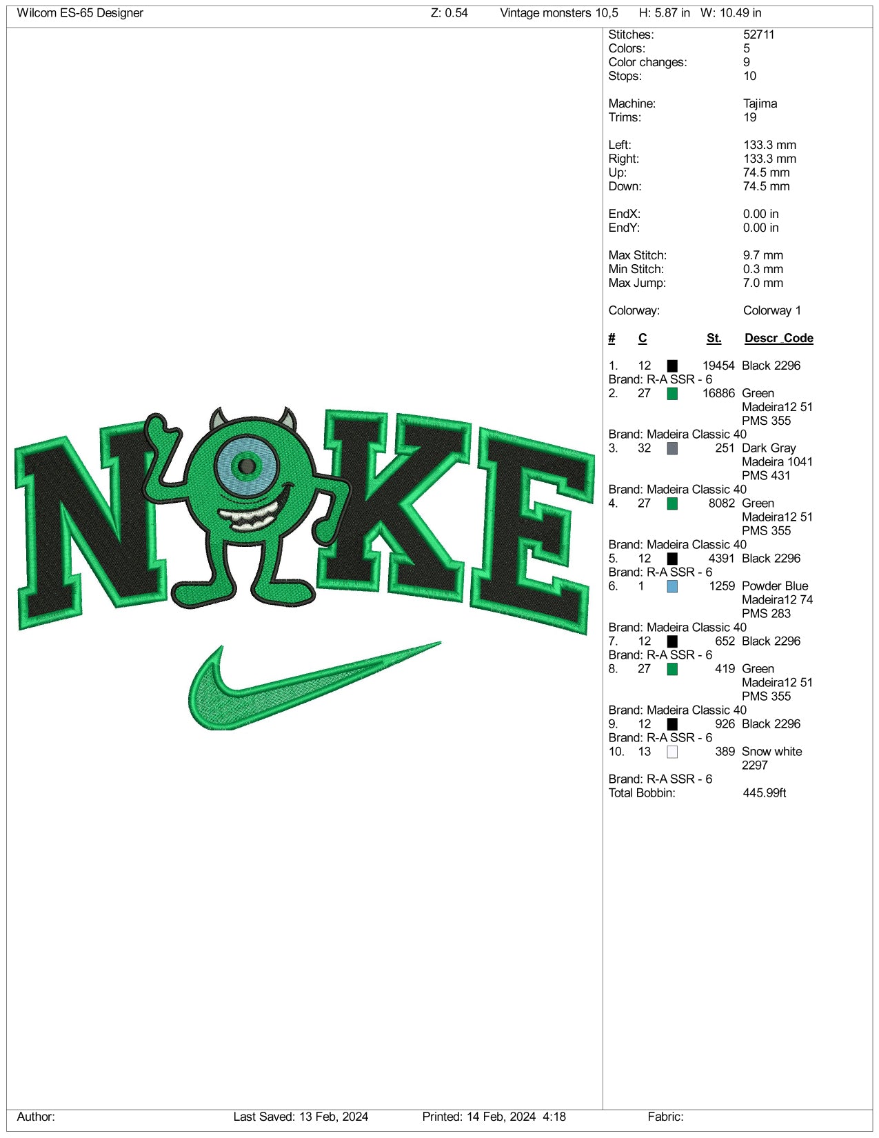 Nike Mike Wazowski Embroidery Design Files - 3 Size's