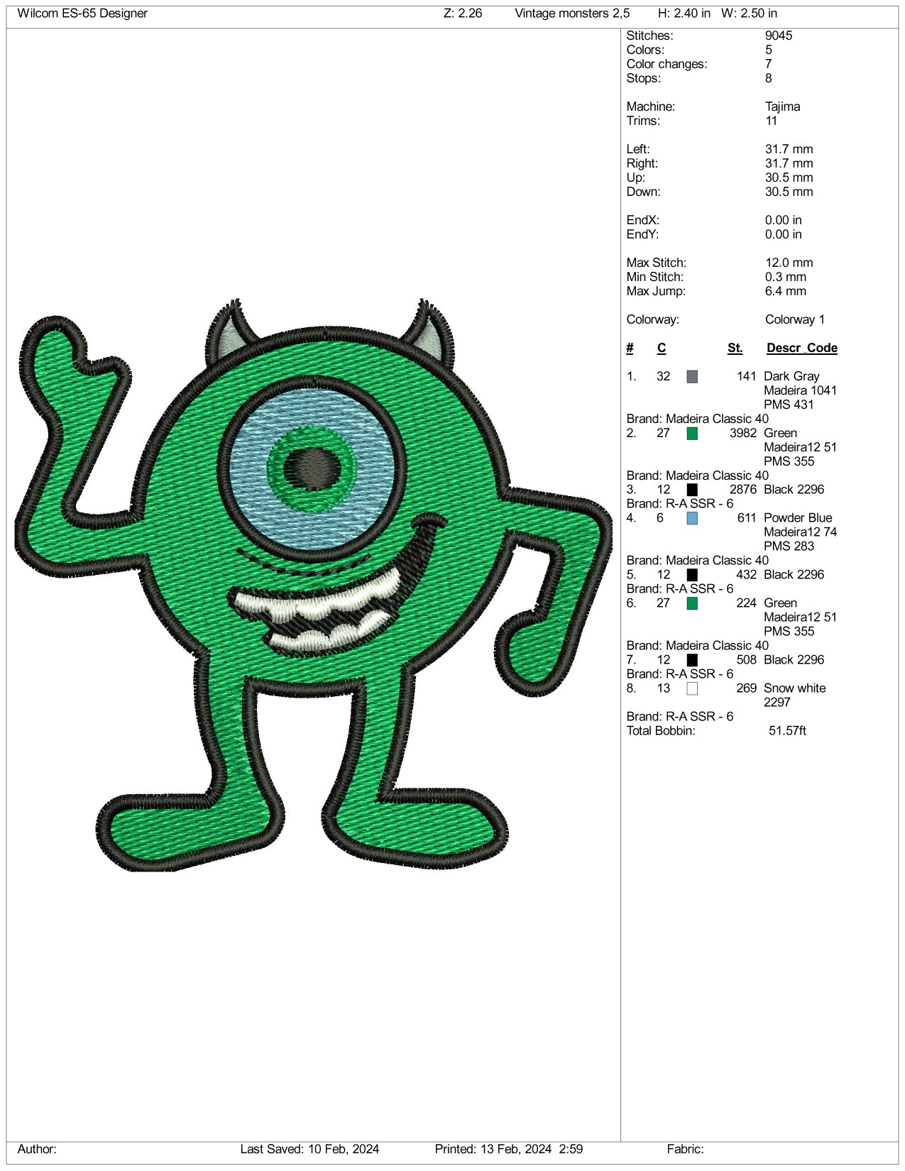 Mike Wazowski Embroidery Design Files - 3 Size's