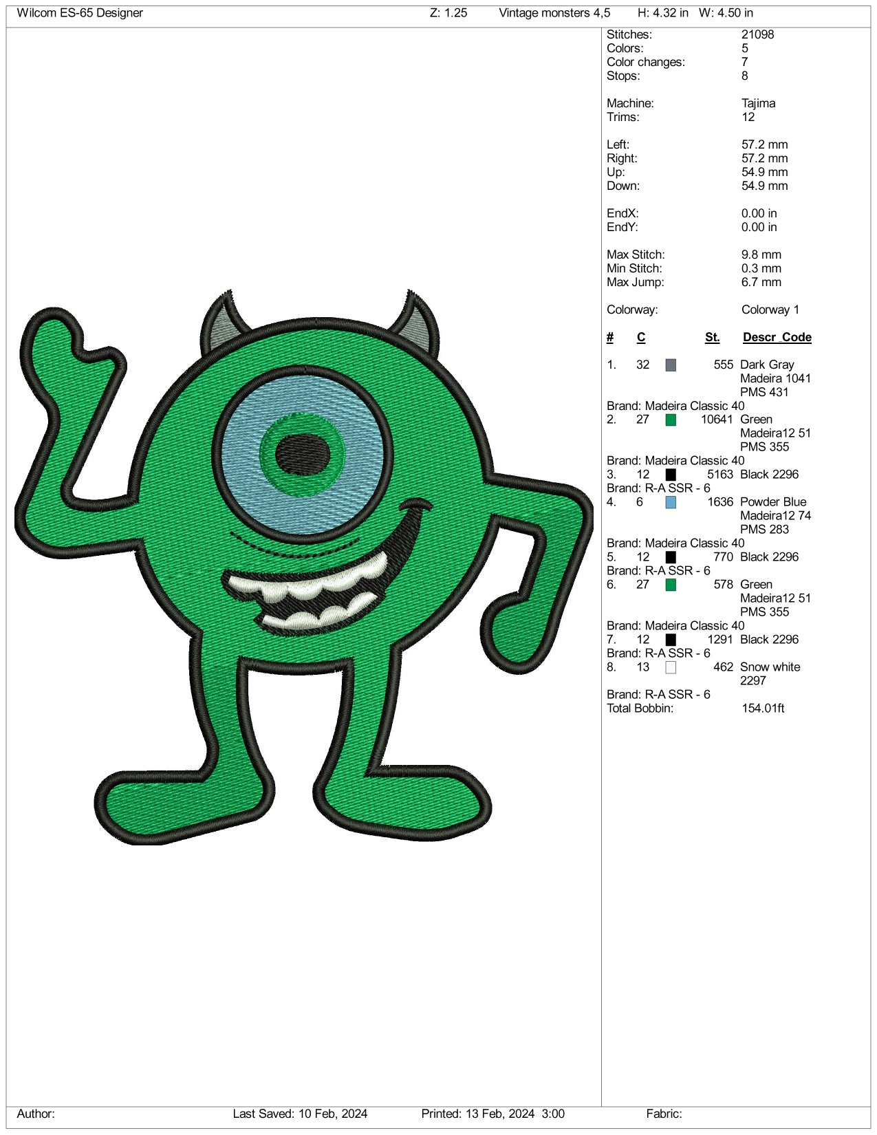 Mike Wazowski Embroidery Design Files - 3 Size's