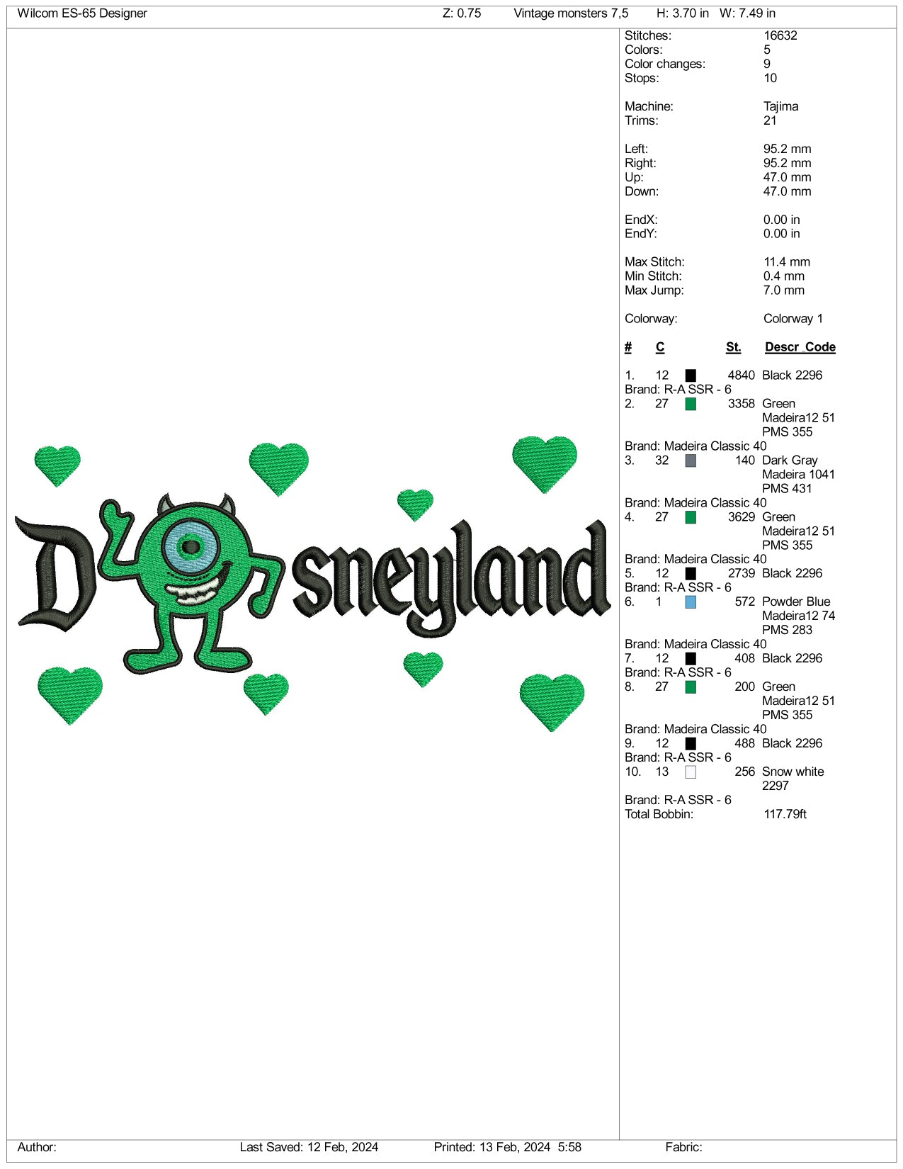 Mike Wazowski Disneyland Embroidery Design Files - 3 Size's