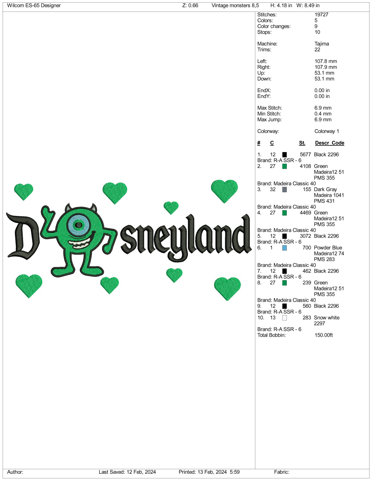 Mike Wazowski Disneyland Embroidery Design Files - 3 Size's