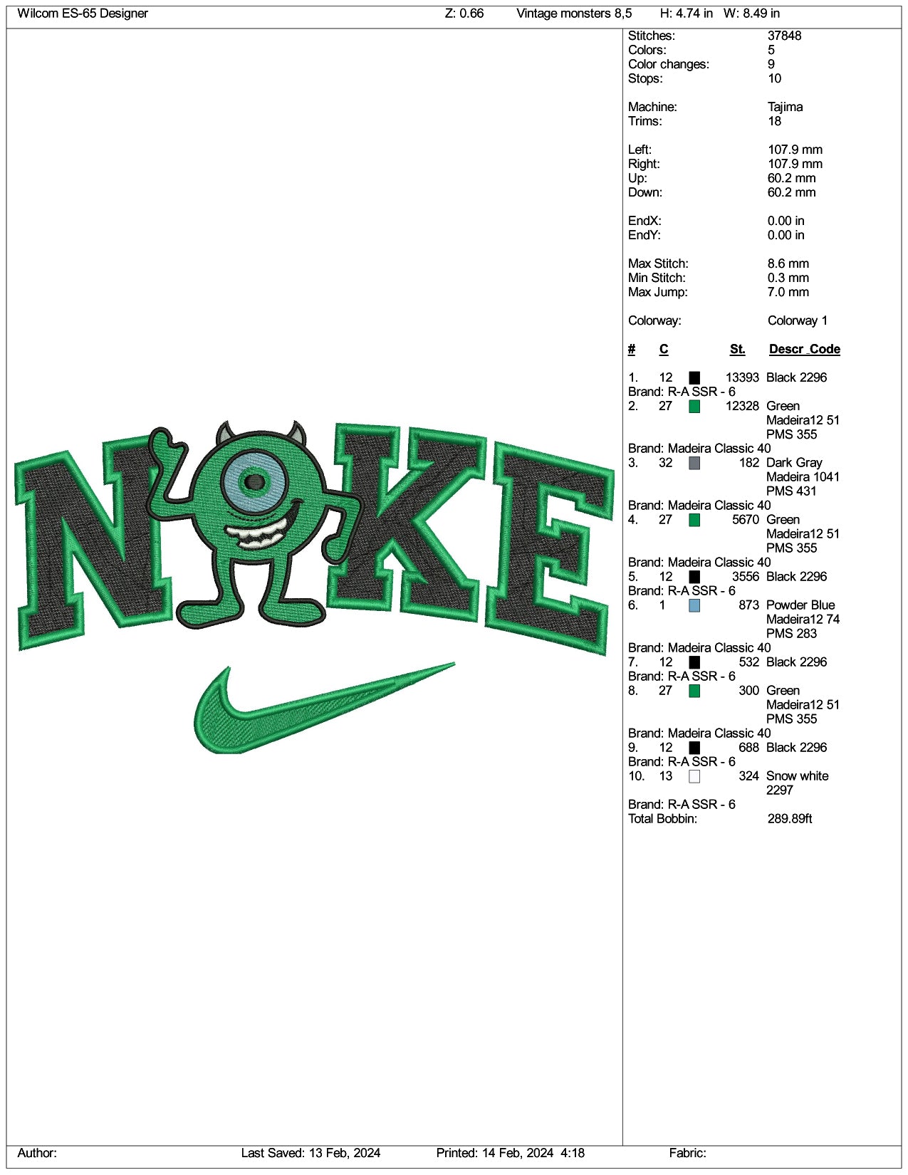 Nike Mike Wazowski Embroidery Design Files - 3 Size's