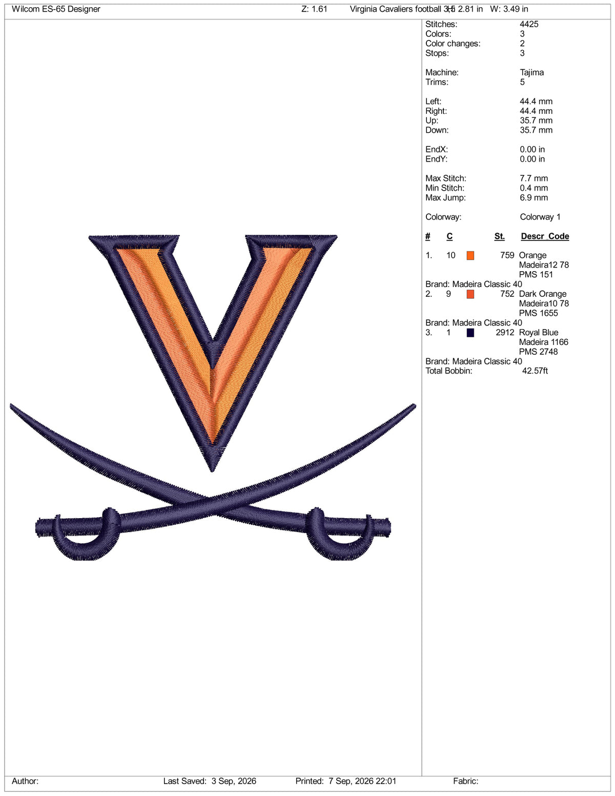 Virginia Cavaliers Football Logo Embroidery Design Files - 3 Size's