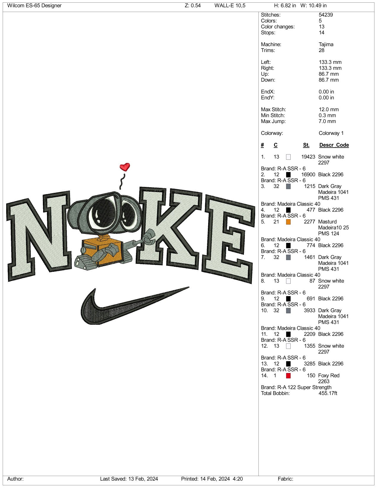 Nike Wall E Embroidery Design Files - 3 Size's