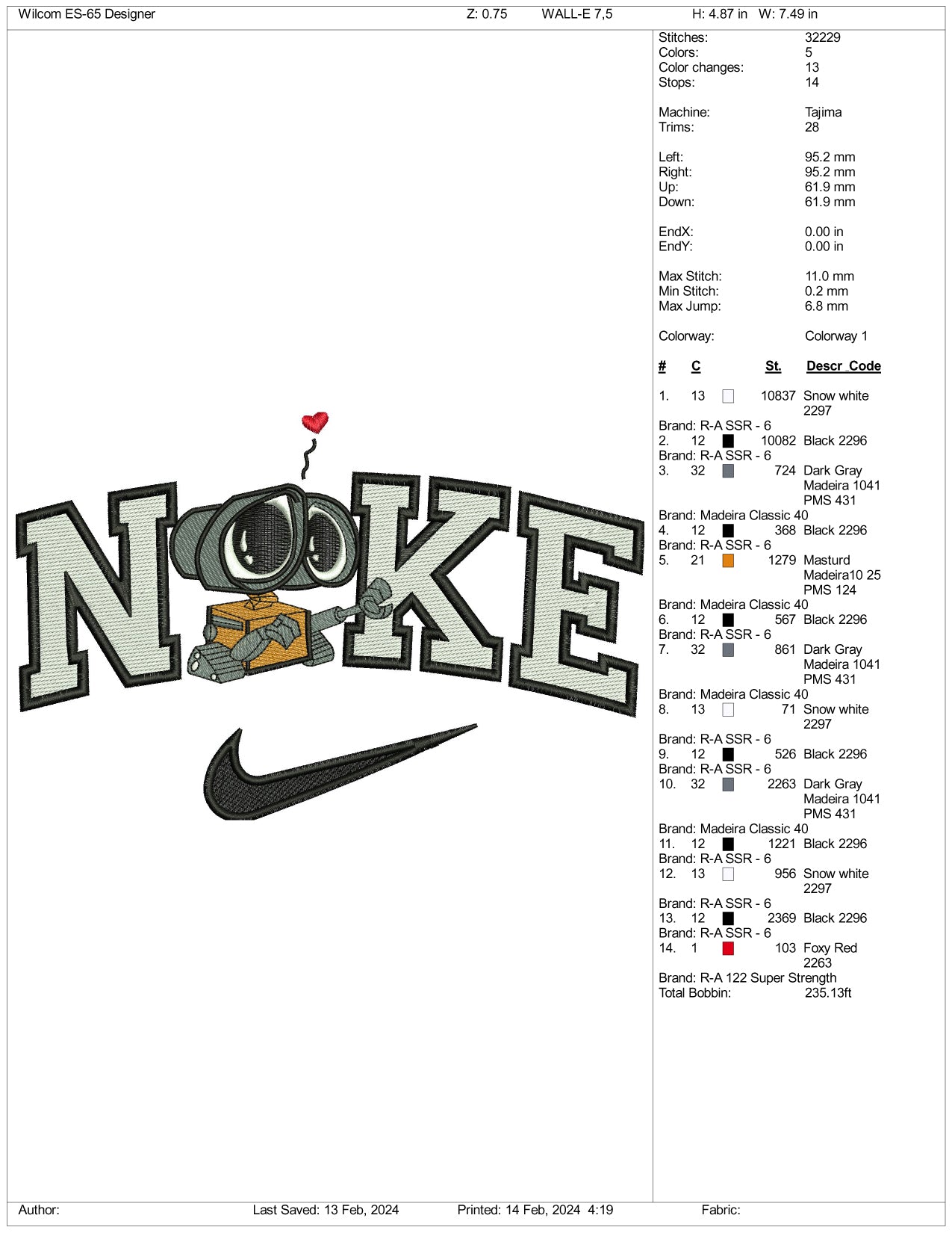 Nike Wall E Embroidery Design Files - 3 Size's