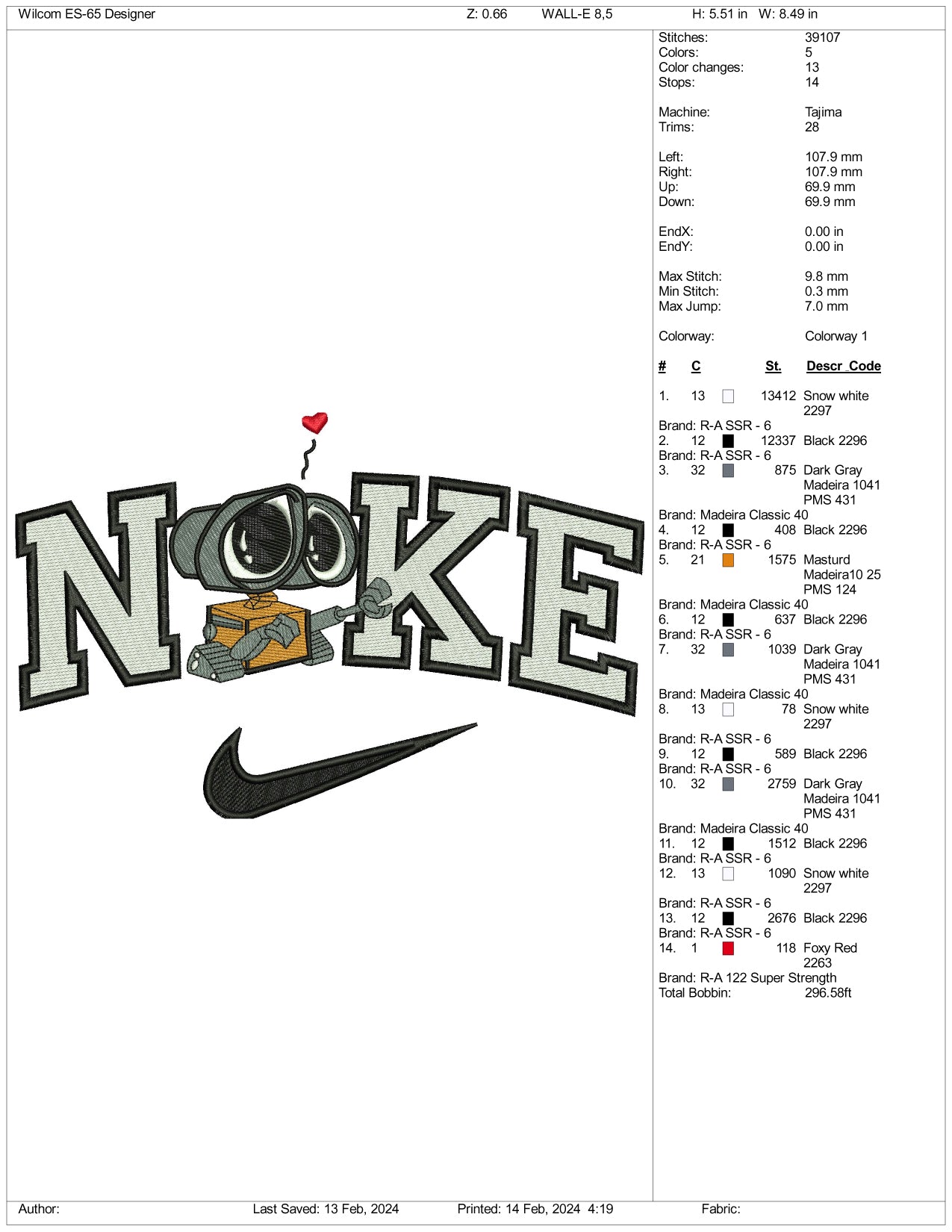 Nike Wall E Embroidery Design Files - 3 Size's