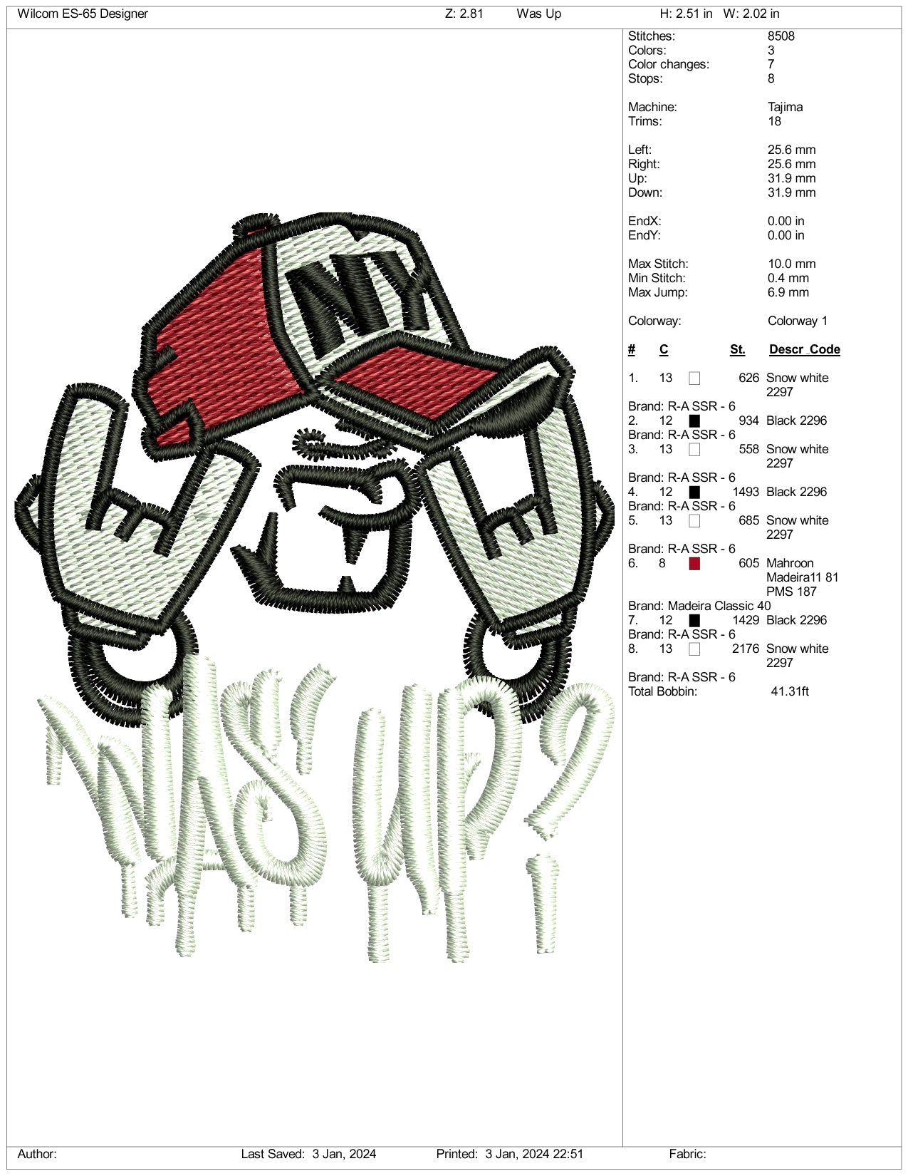 Archivos de diseño de bordado Was Up - 3 tamaños