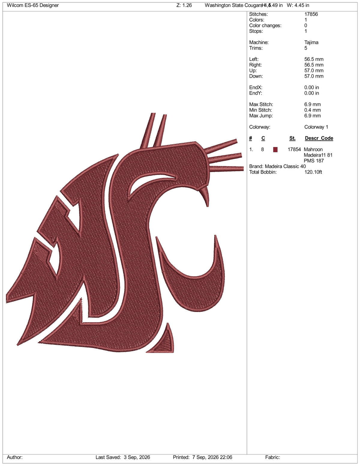Washington State Cougars Logo Embroidery Design Files - 3 Size's