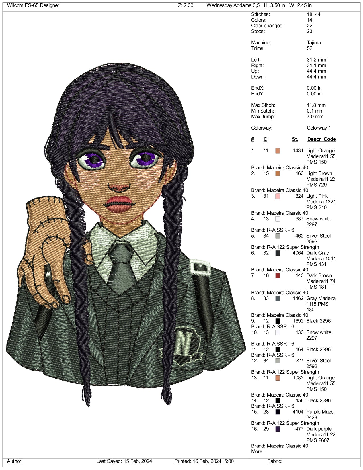 Archivos de diseño de bordado de Wednesday Addams - 3 tamaños