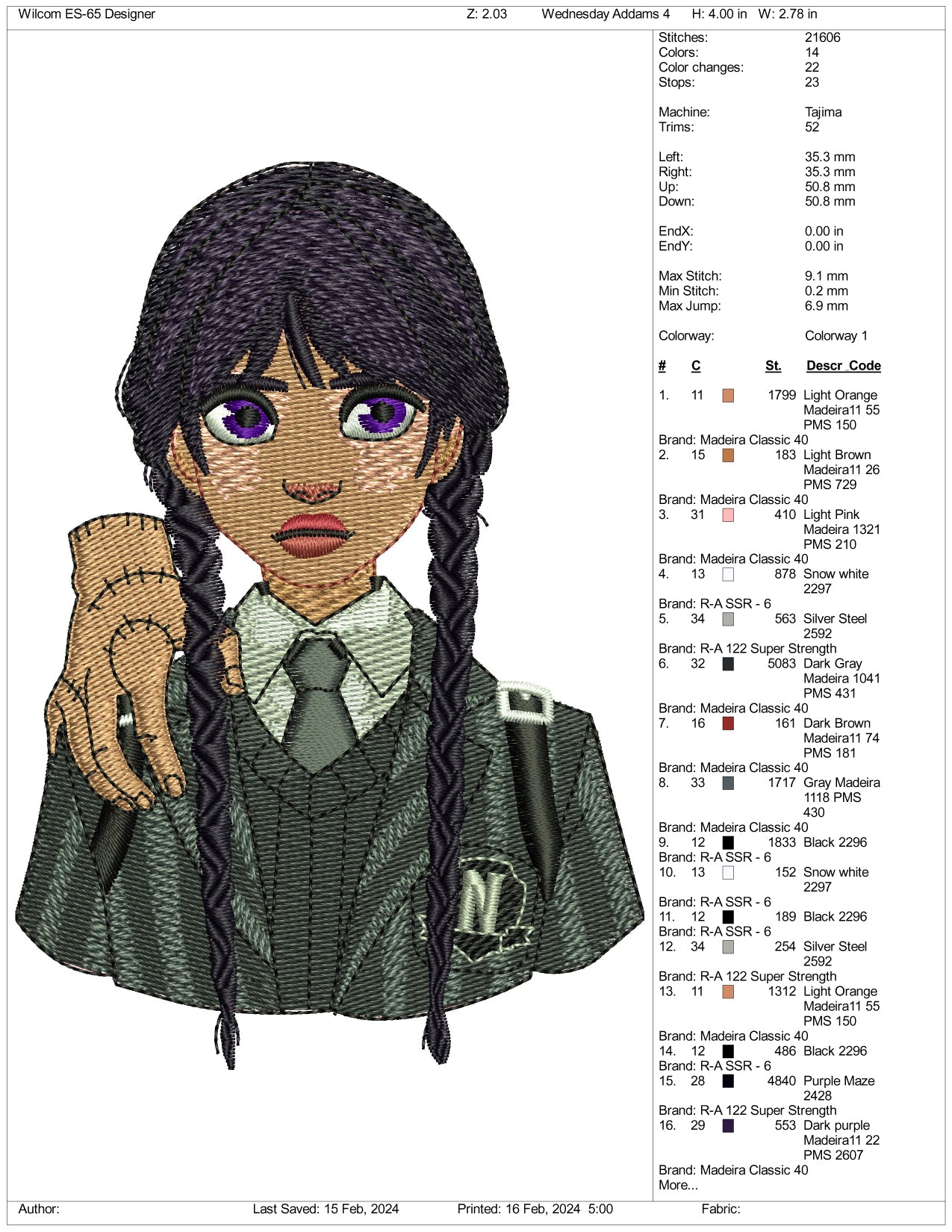 Archivos de diseño de bordado de Wednesday Addams - 3 tamaños