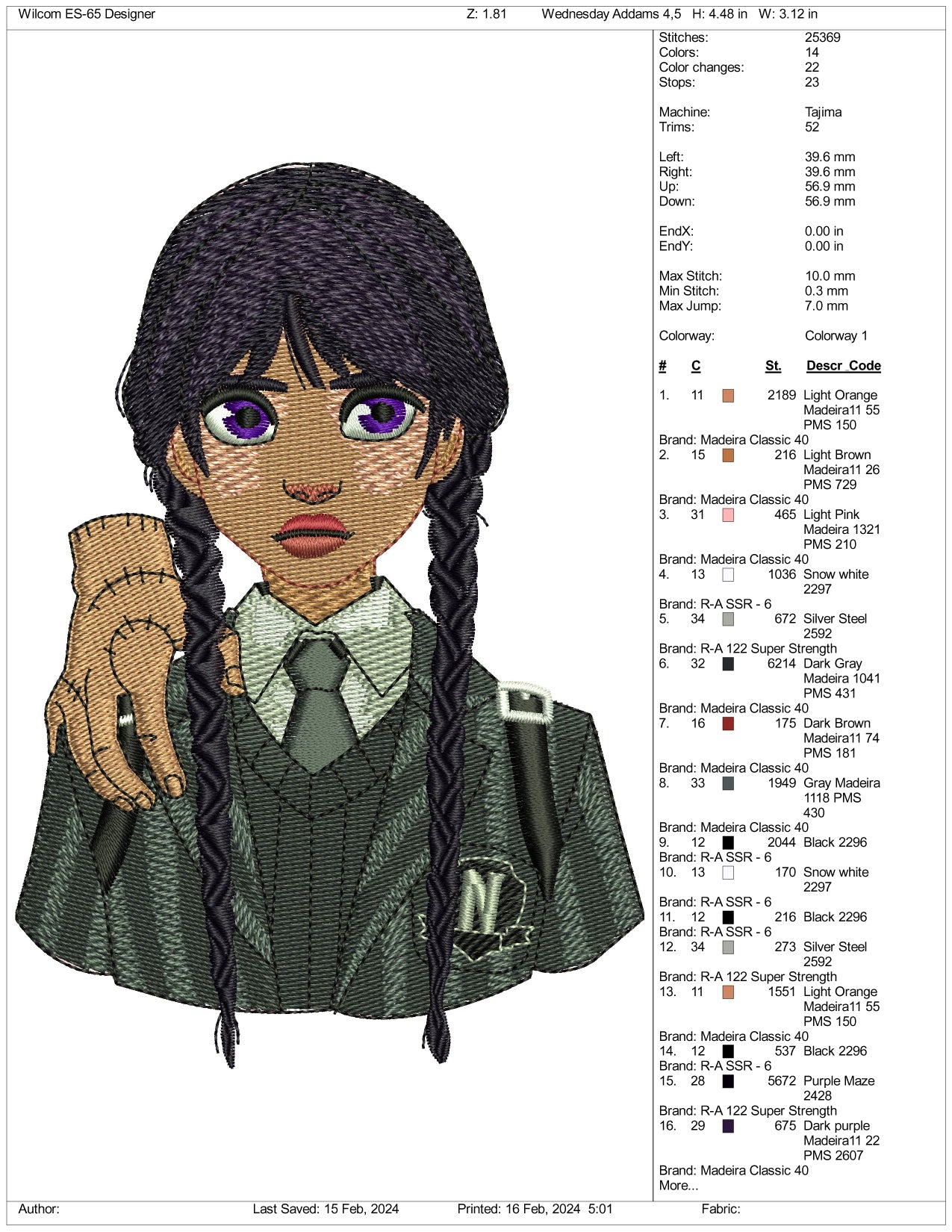 Archivos de diseño de bordado de Wednesday Addams - 3 tamaños