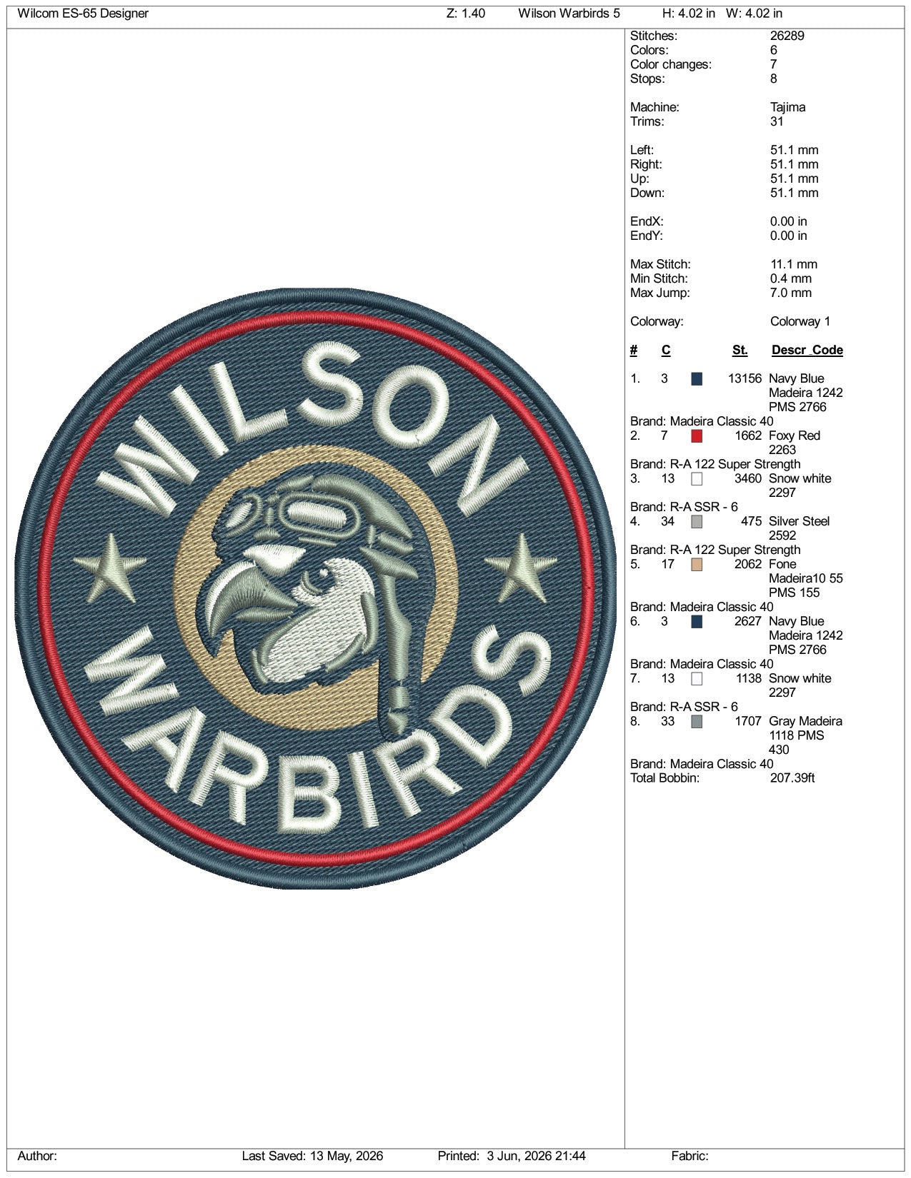 Wilson Warbirds Logo Embroidery Design Files - 3 Size's