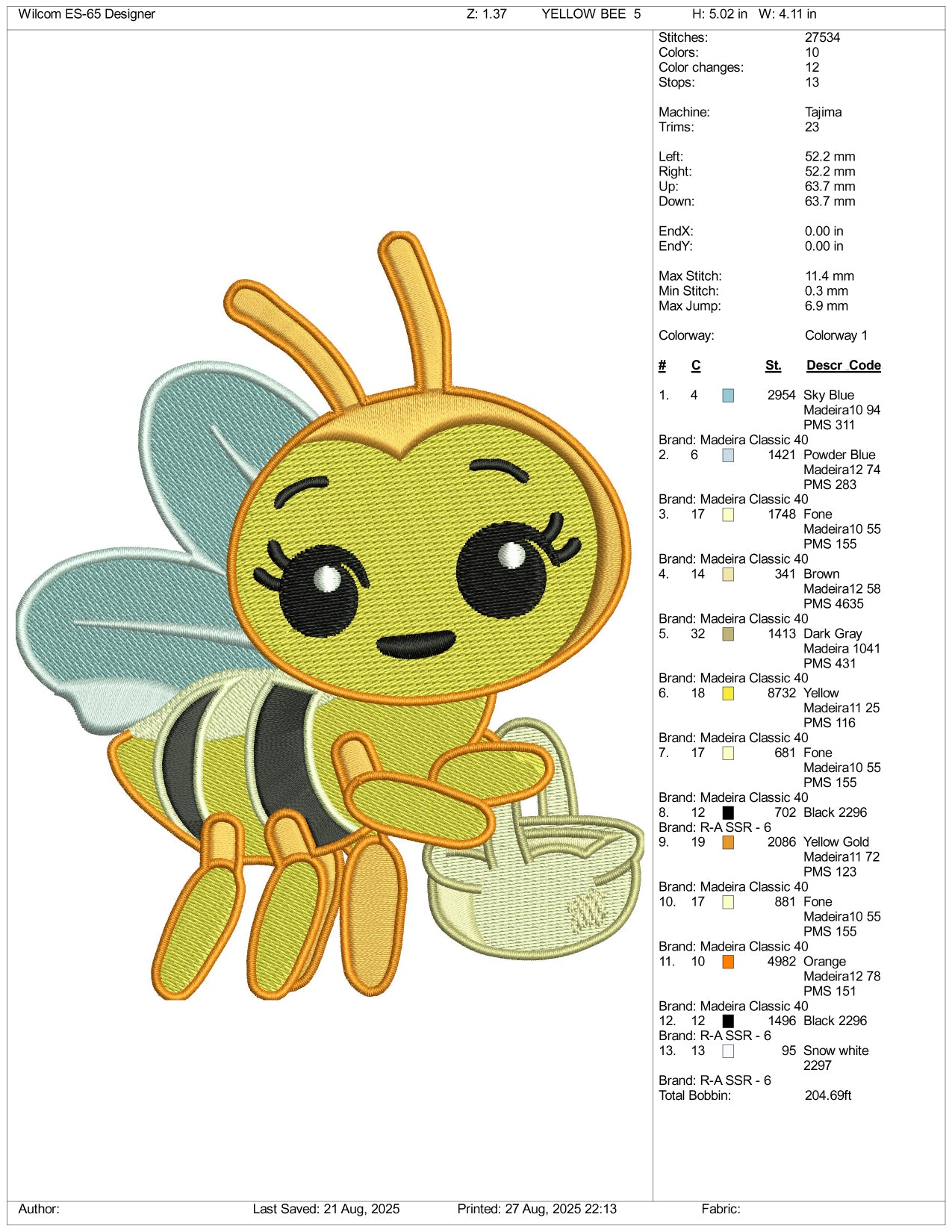 Bee v5 Embroidery Design Files - 1 Size