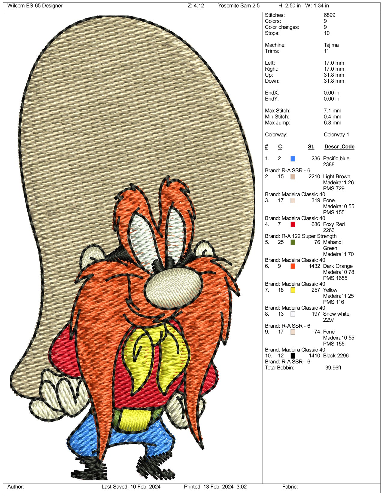 Yosemite Sam Embroidery Design Files - 3 Size's