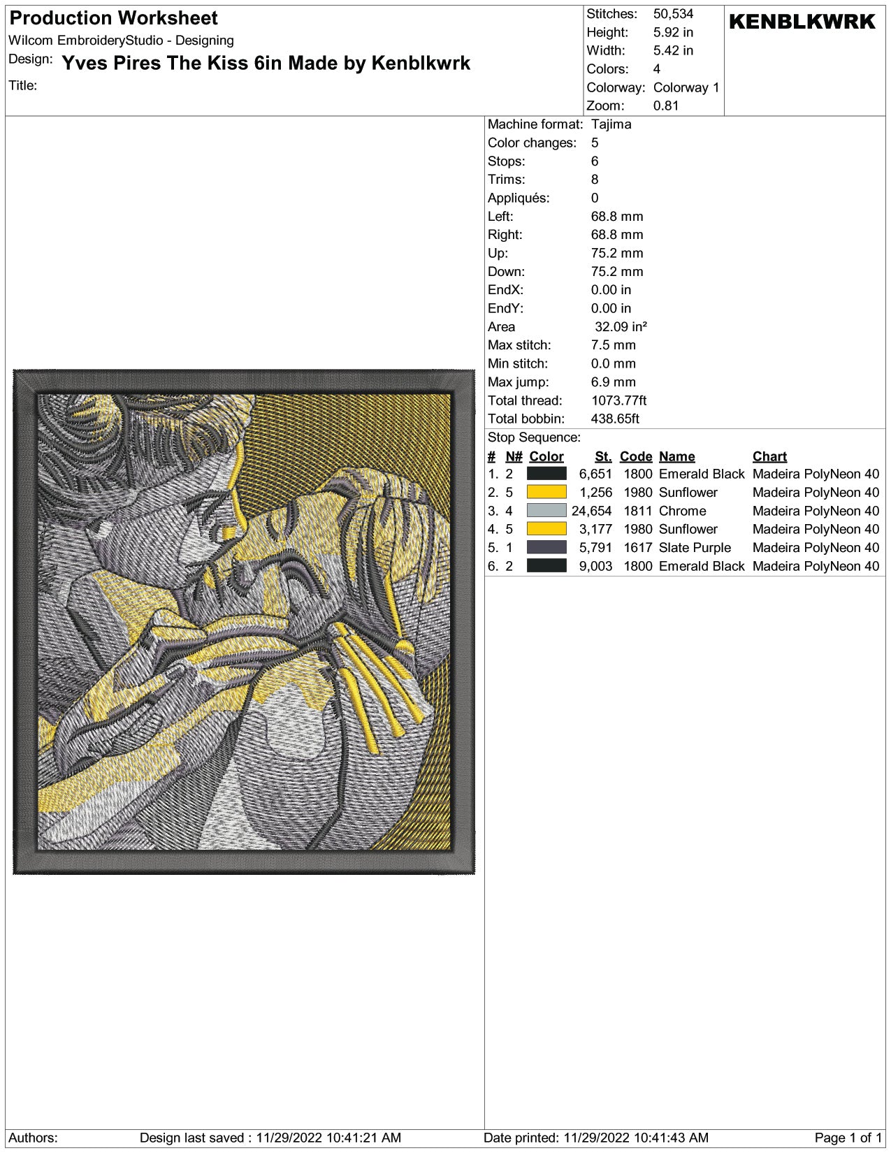 Yves Pires The Kiss Embroidery Design Files - 2 Size's