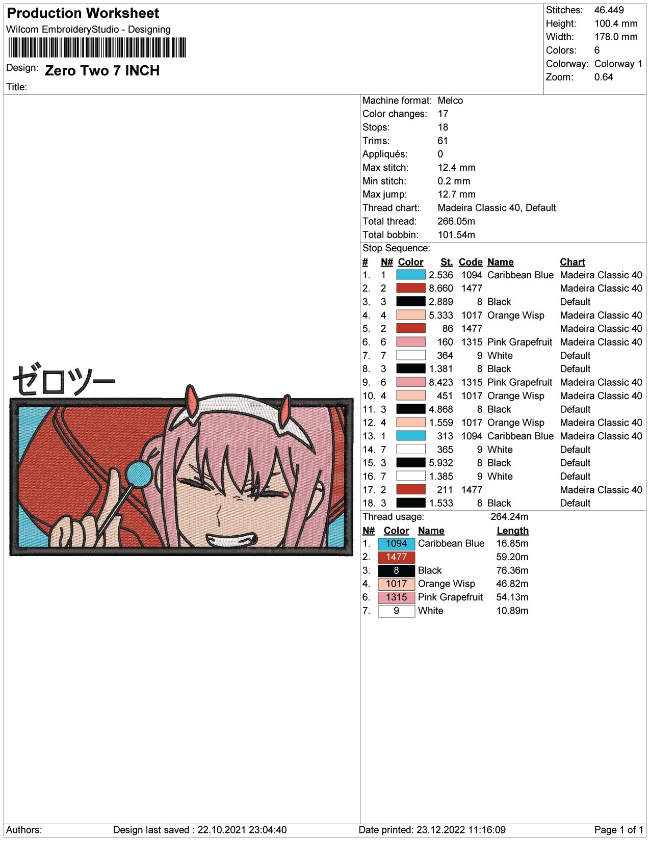 ZeroTwo Embroidery Design Files - 4 Size's