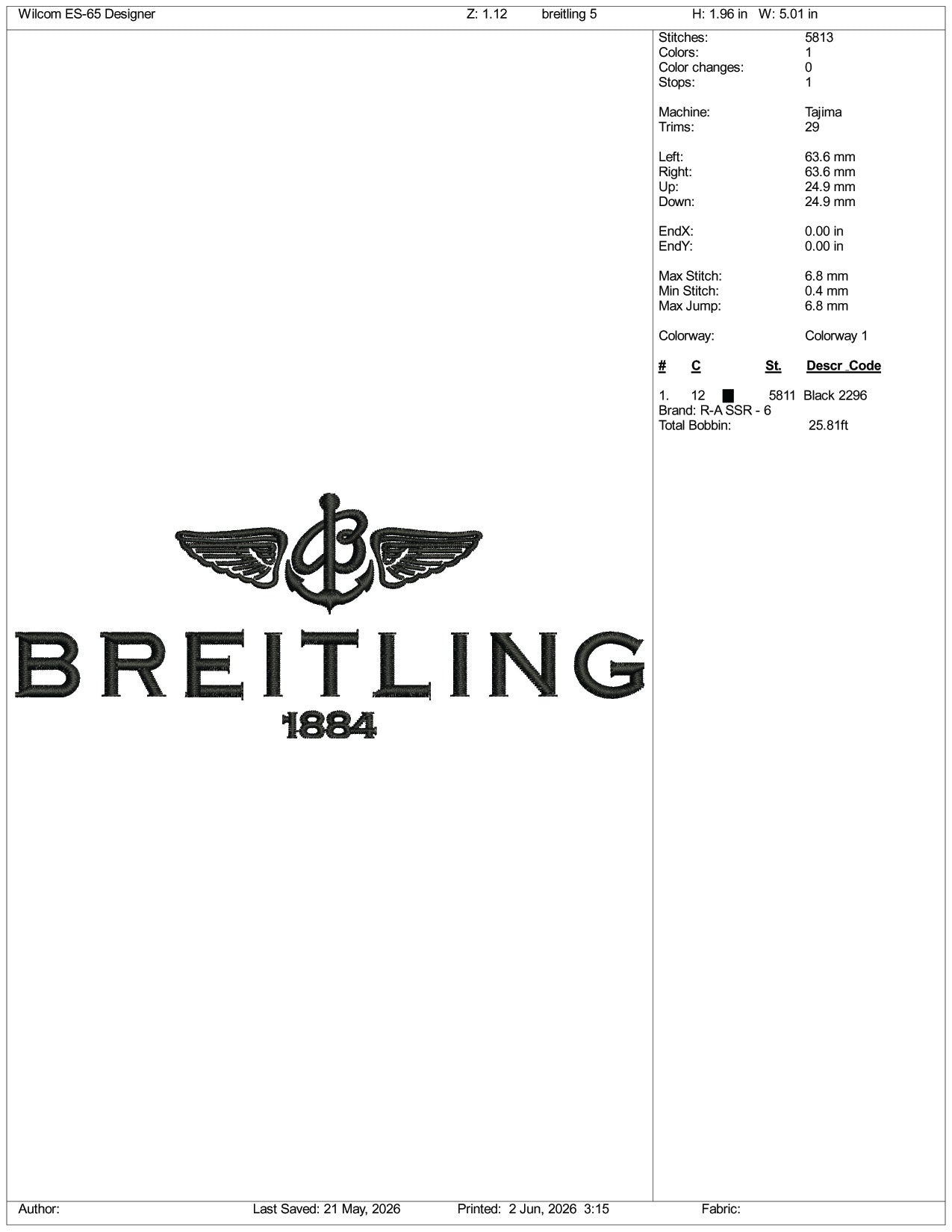 Breitling 1884 Logo Embroidery Design Files - 3 Size's