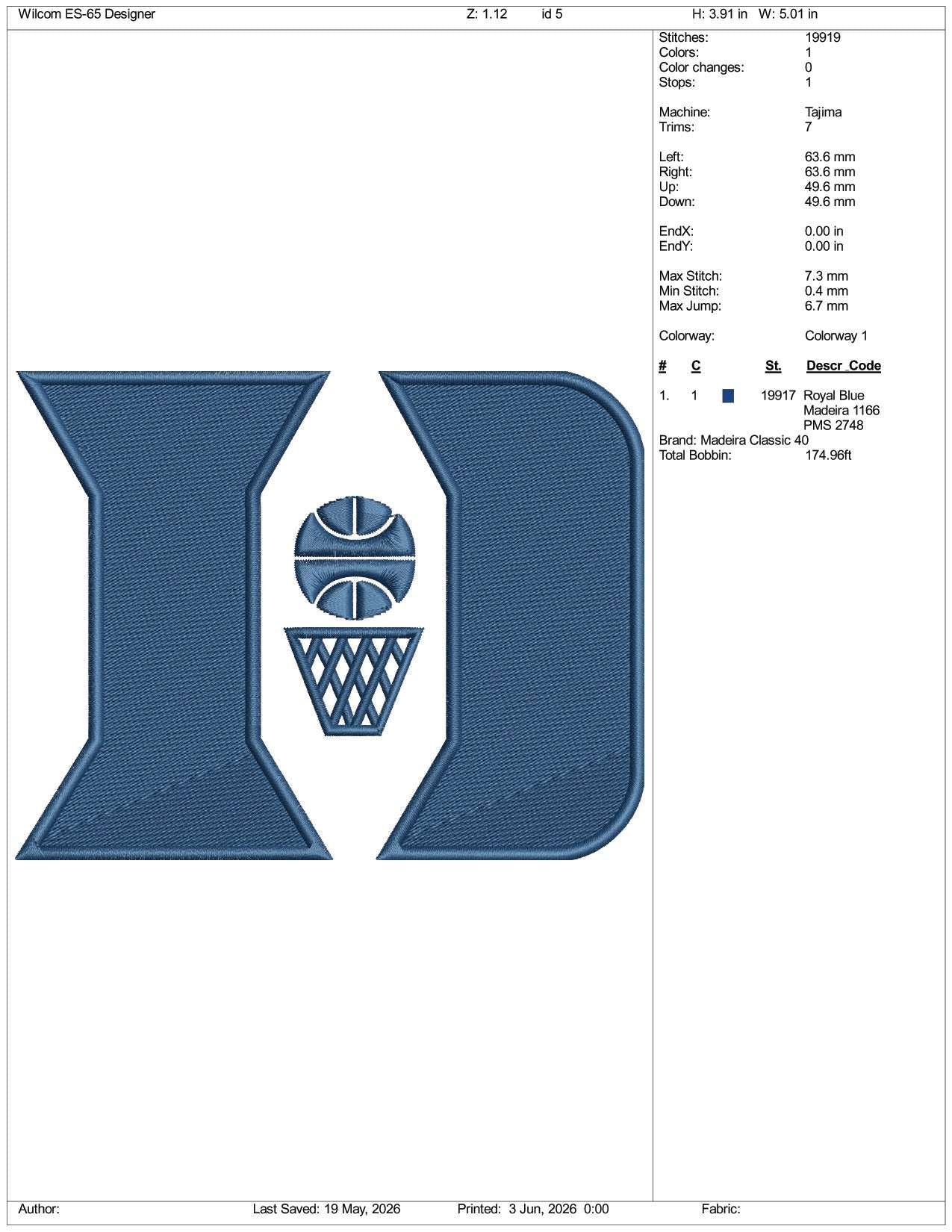 Duke Basketball Logo Embroidery Design Files - 3 Size's