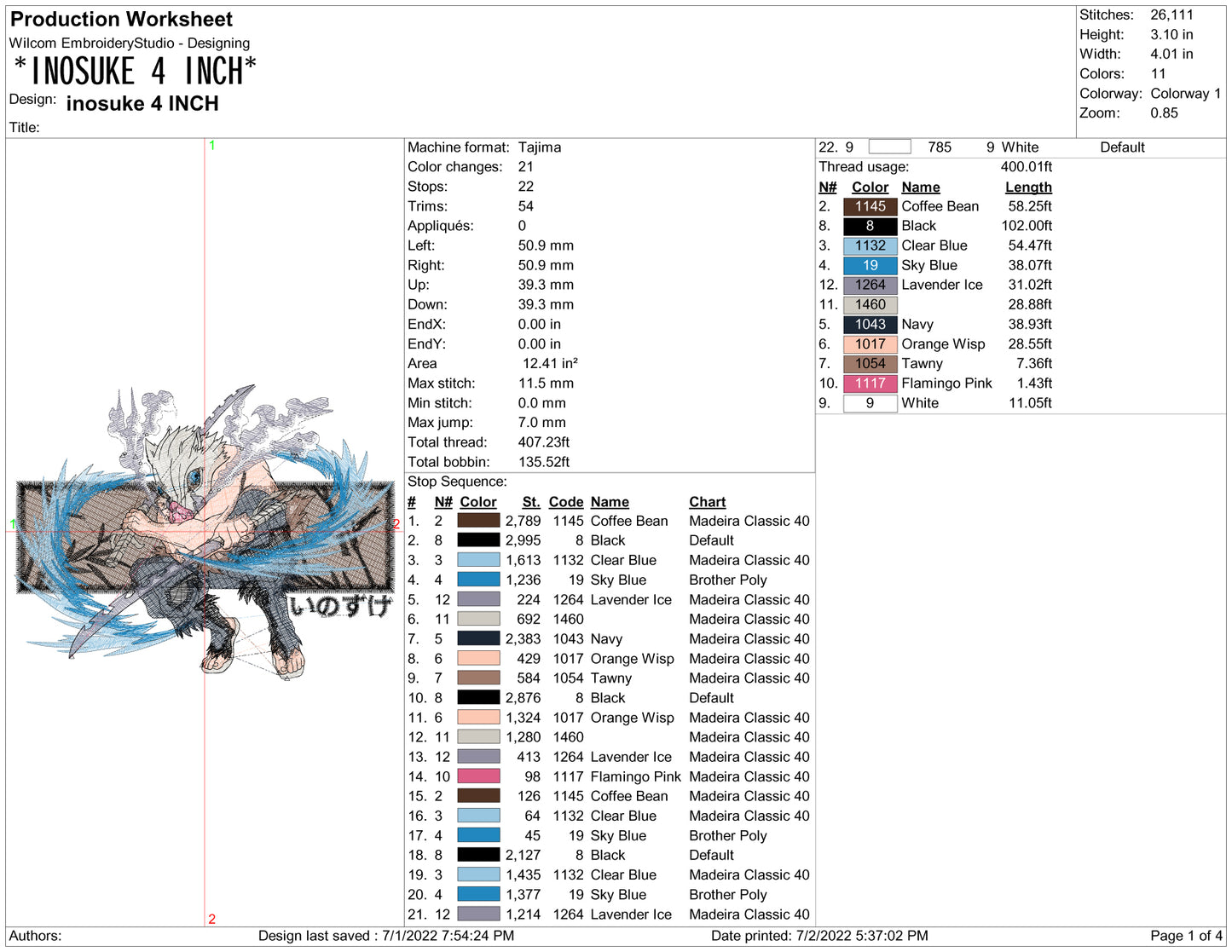 Inosuke Hashibira v3 Embroidery Design Files - 6 Size's