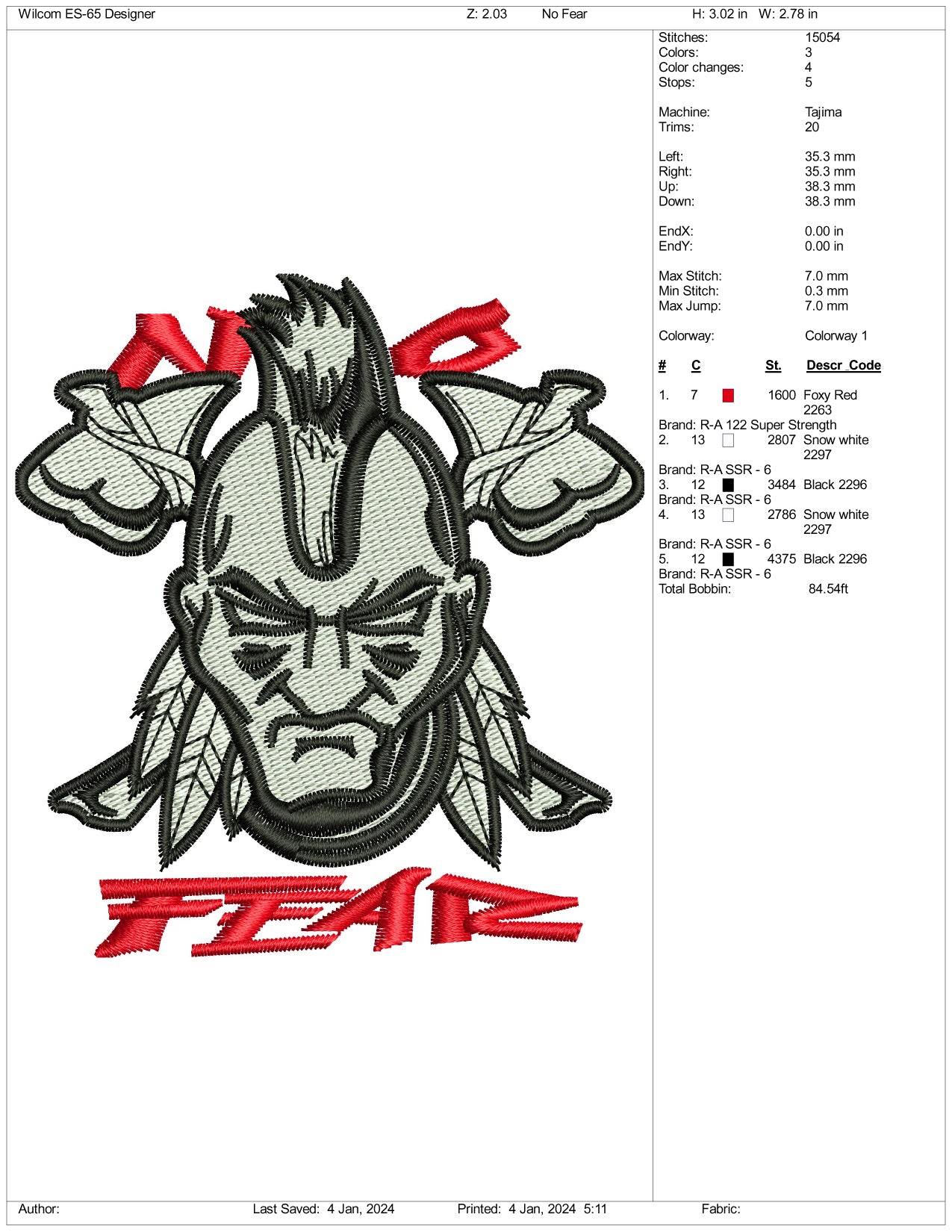 Fear Man Face Embroidery Design Files - 3 Size's