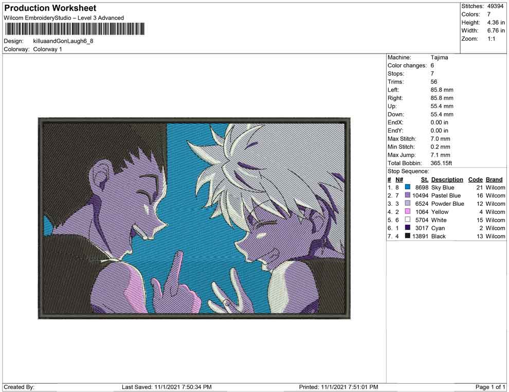 Killua Zoldyck v11 Embroidery Design Files - 4 Size's