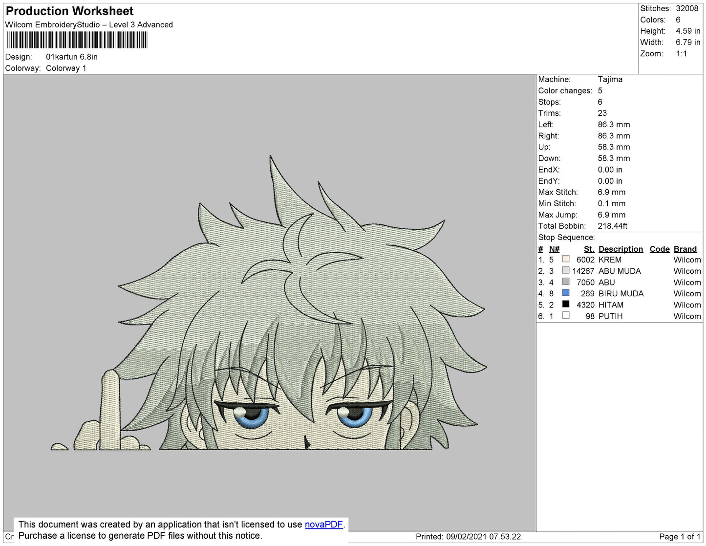 Killua Zoldyck v9 Embroidery Design Files - 5 Size's