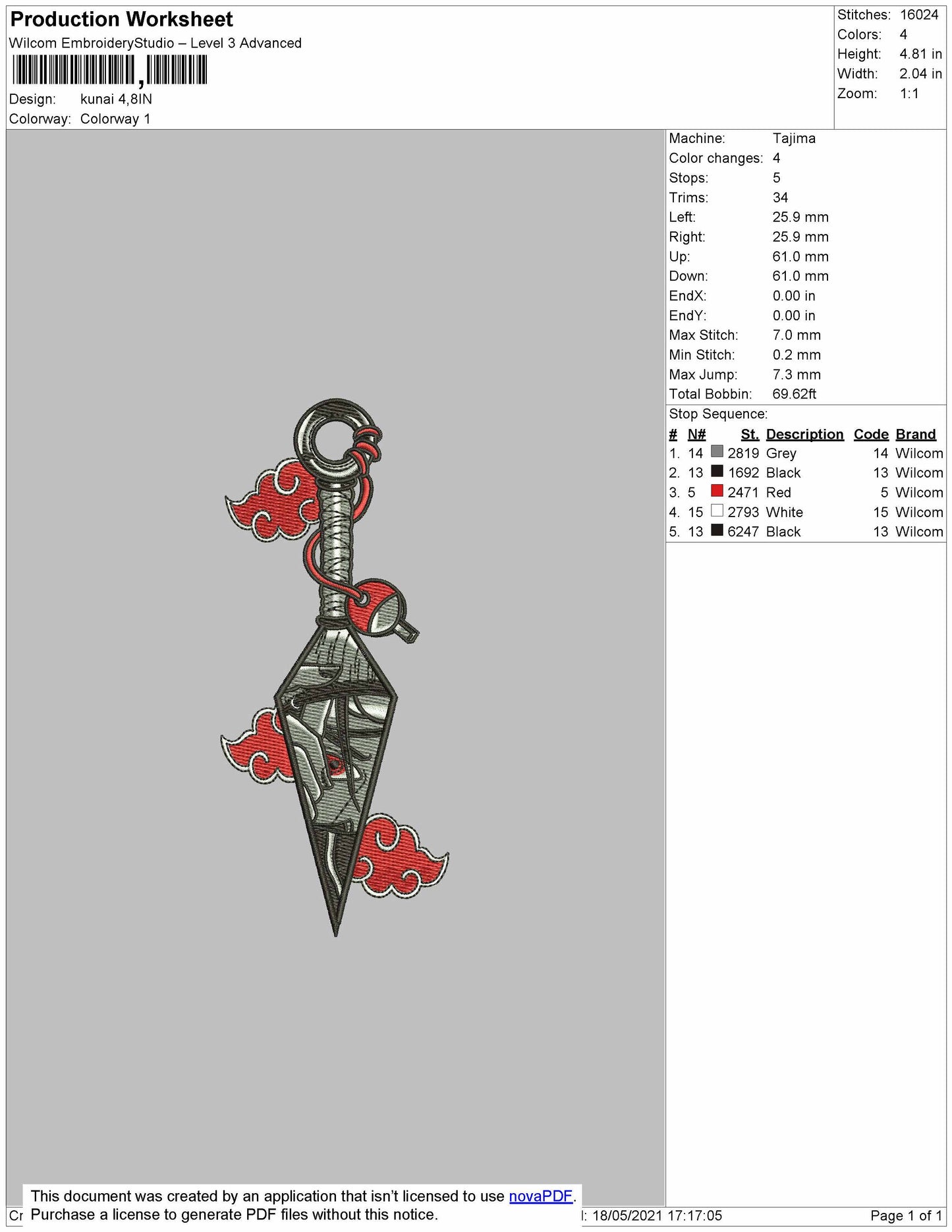 kunai Embroidery Design Files - 5 Size's