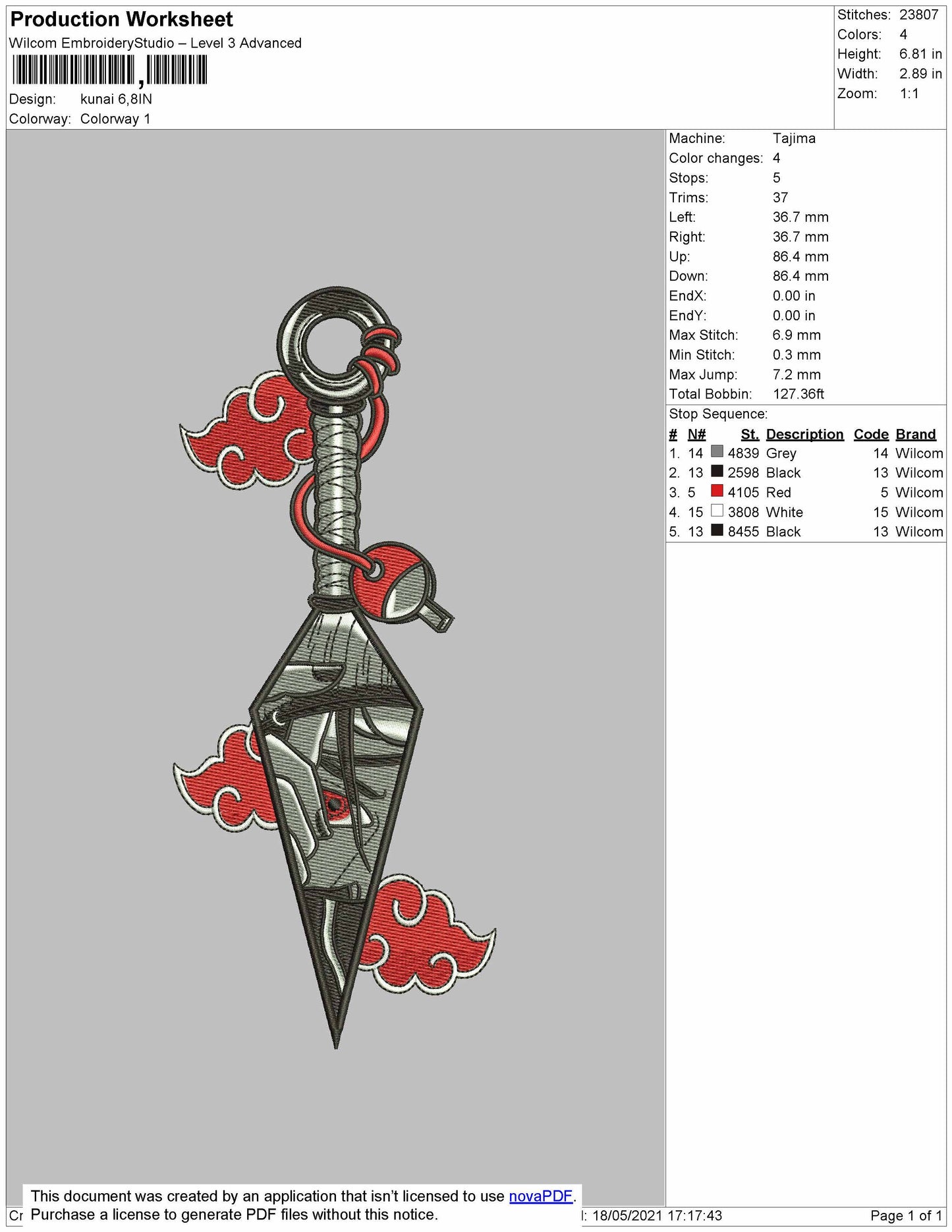 kunai Embroidery Design Files - 5 Size's