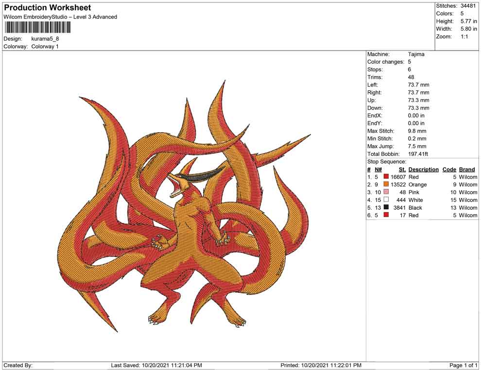Kurama Embroidery Design Files - 4 Size's