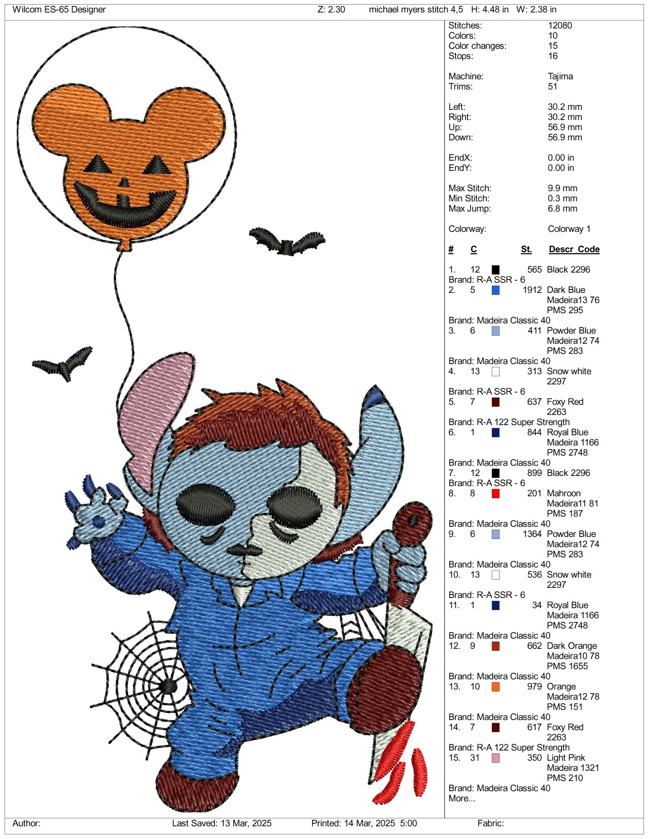 Stitch Cosplay Michael Myers Embroidery Files - 3 Size's