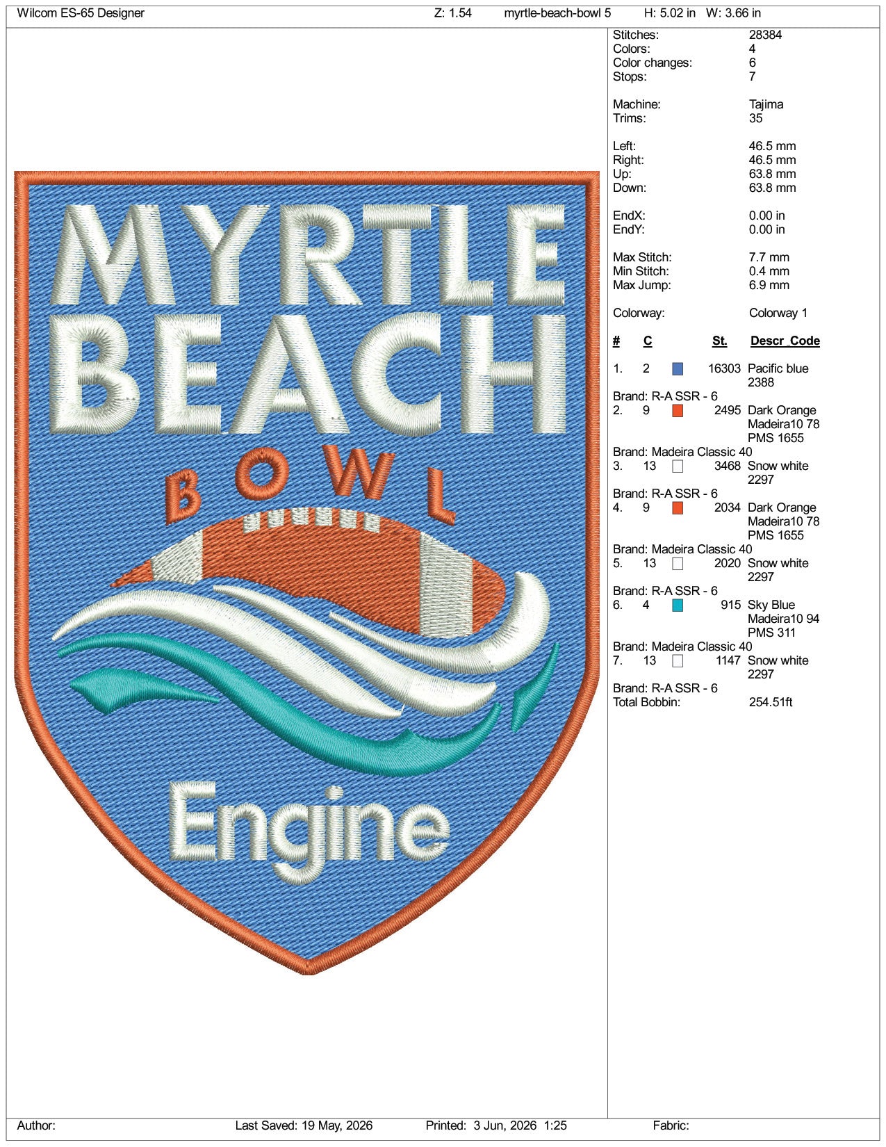Myrtle Beach Bowl Engine Logo Embroidery Design Files - 3 Size's