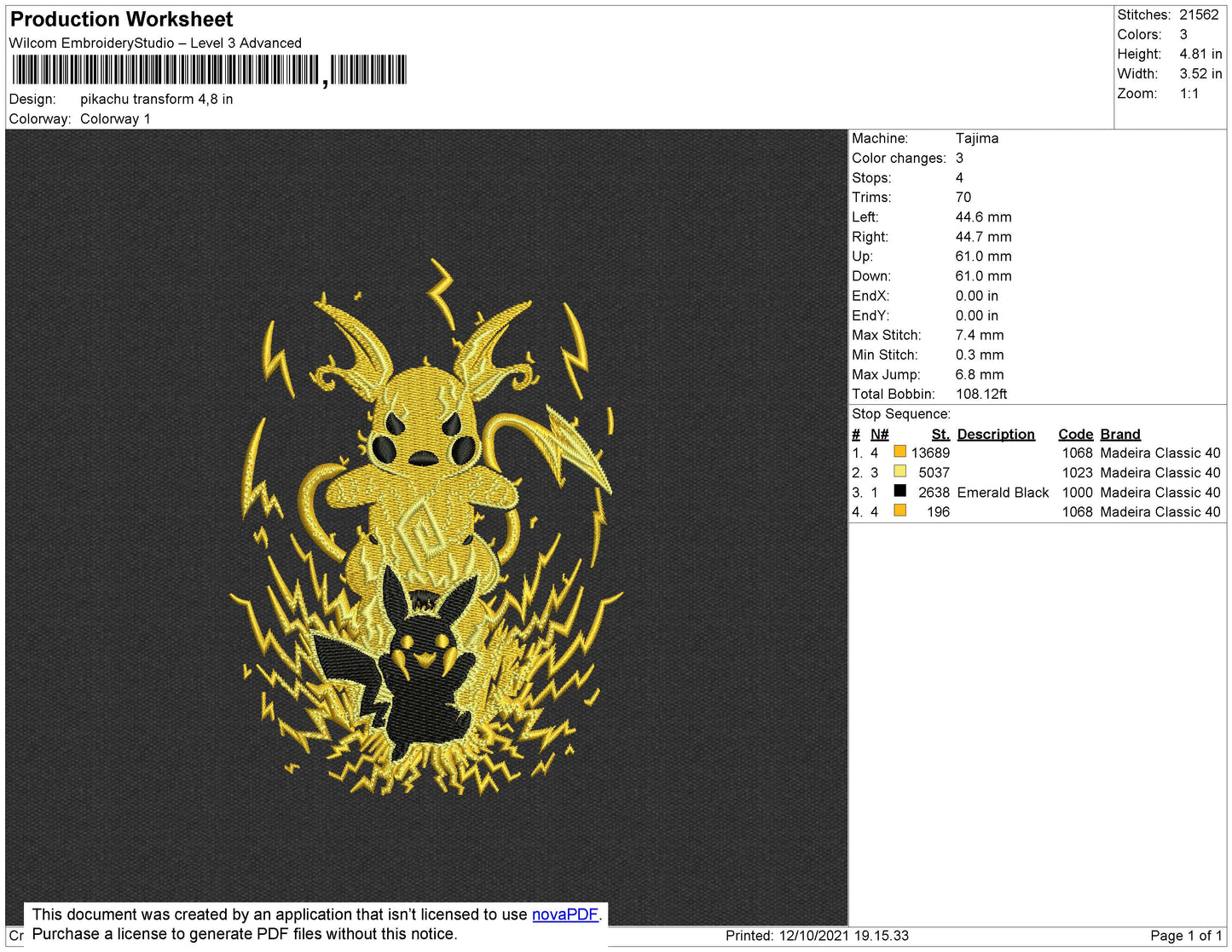 Pikachu Thunder Embroidery Design Files - 4 Size's